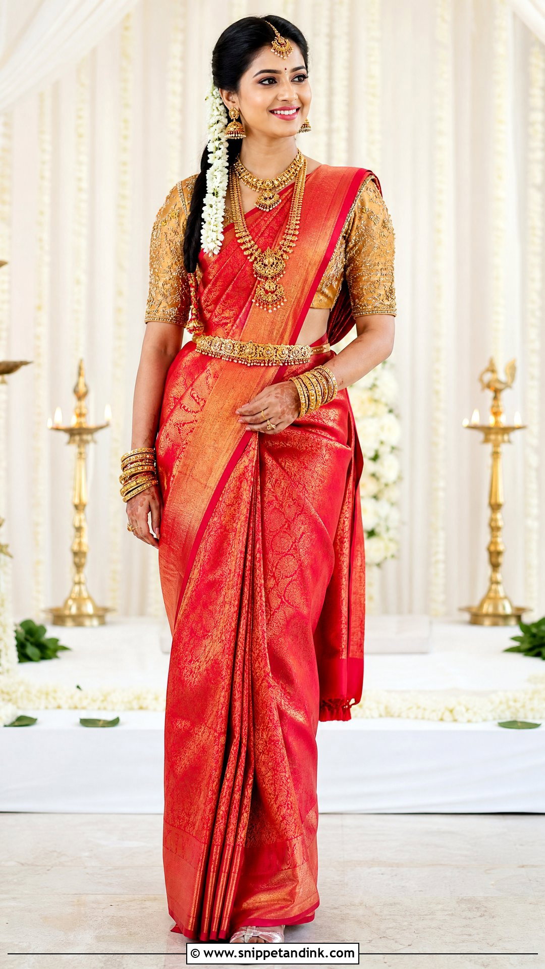 Gold Maggam Work Blouse With Kanjeevaram Saree - Snippet and Ink - 25 Blouse Design for Bride Ideas