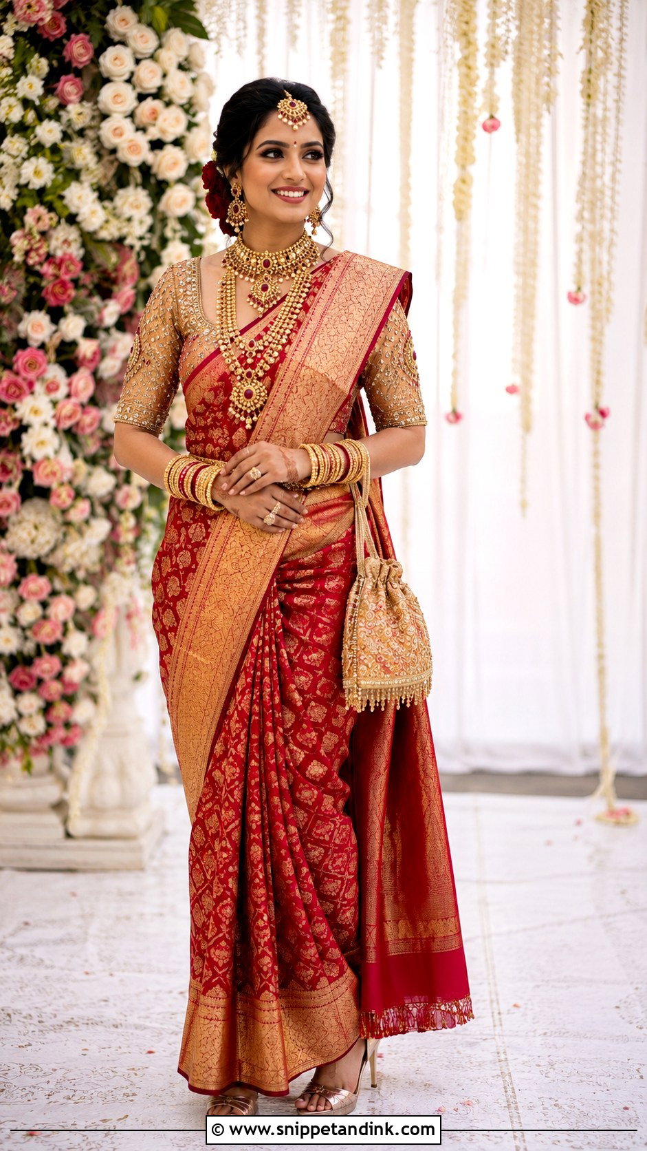 Gold Maggam Work Blouse With Red Bridal Saree - Snippet and Ink - 20 Maggam Work Blouse Designs Bridal Indian Weddings