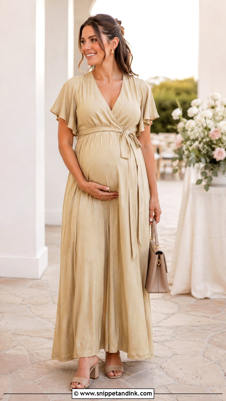 Gold Maternity Wrap Dress for Wedding - Snippet and Ink - 20 Gold Dresses for Wedding
