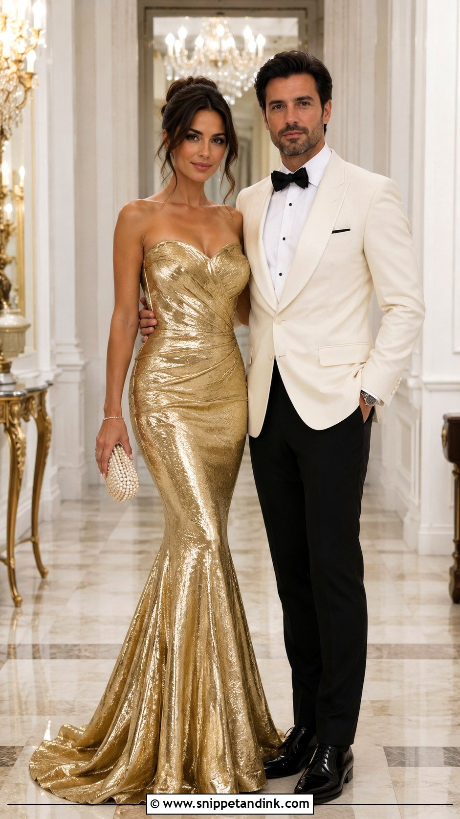 Gold Mermaid Dress And Ivory Tuxedo - Snippet and Ink - 20 Gold Dress and Suit Couple Ideas