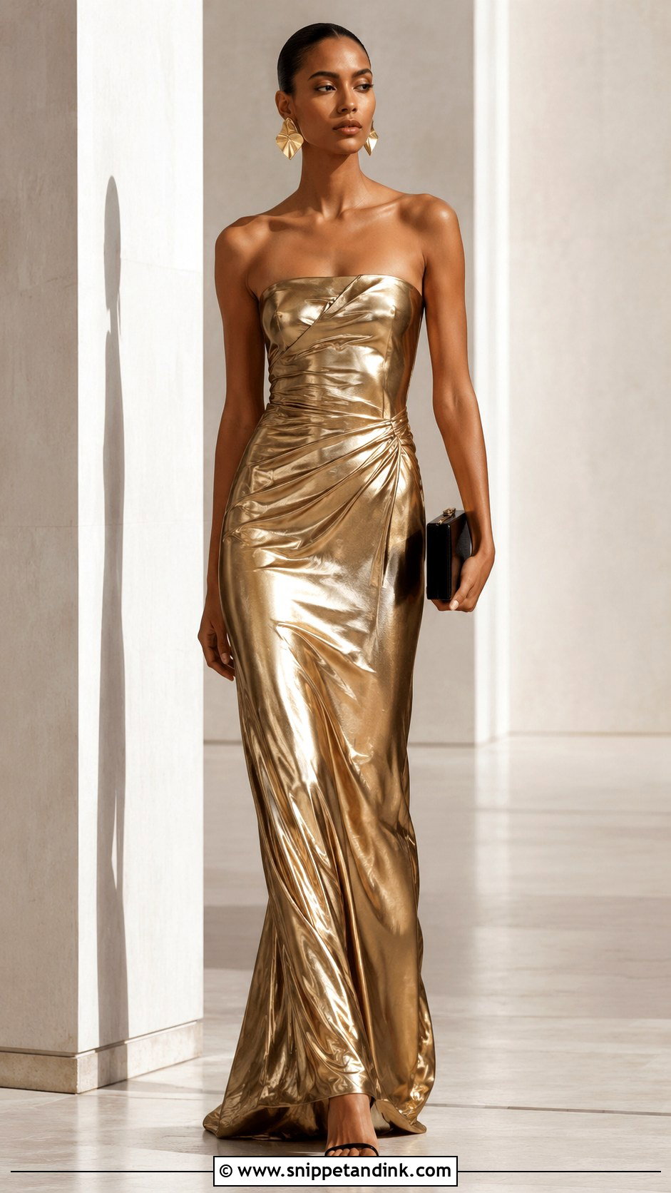 Gold Metallic Strapless Maxi Dress Outfit - Snippet and Ink - 20 Gold Strapless Dress Ideas