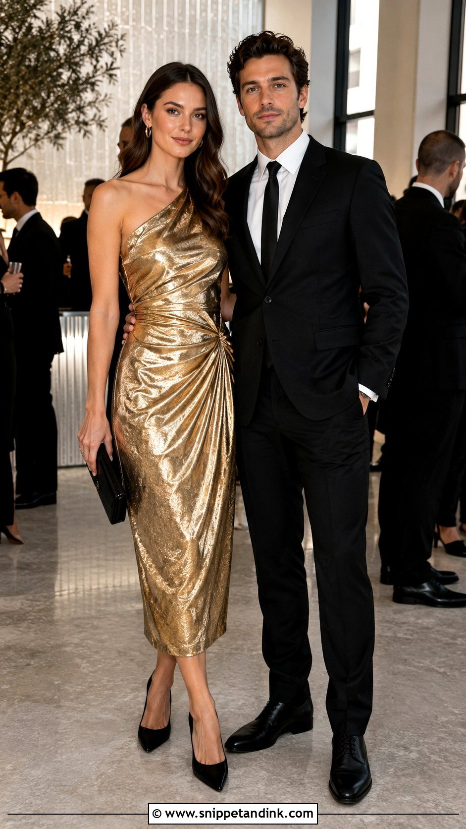 Gold Midi Dress And Black Suit - Snippet and Ink - 20 Gold Dress and Suit Couple Ideas