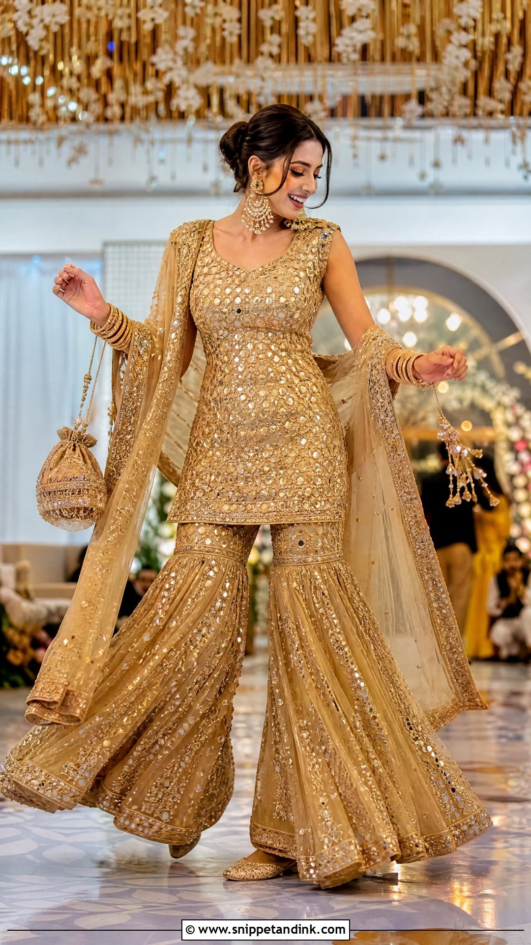 Gold Mirror Work Sharara for Sangeet Bride - Snippet and Ink - 20 Outfit for Sangeet Function for Bride Ideas