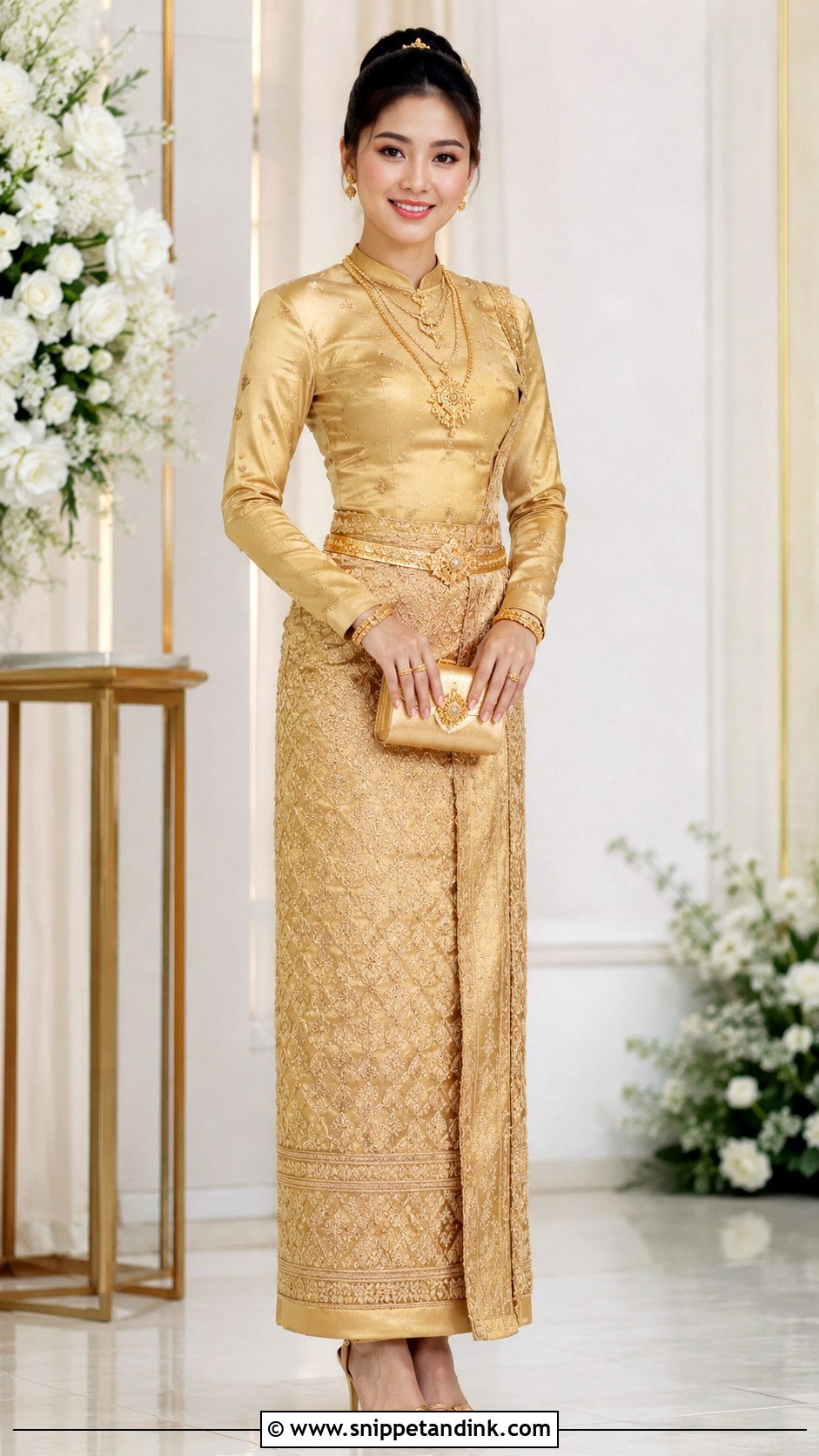Gold Myanmar Wedding Dress With Silk Htamein - Snippet and Ink - 25 Myanmar Traditional Wedding Dress Ideas