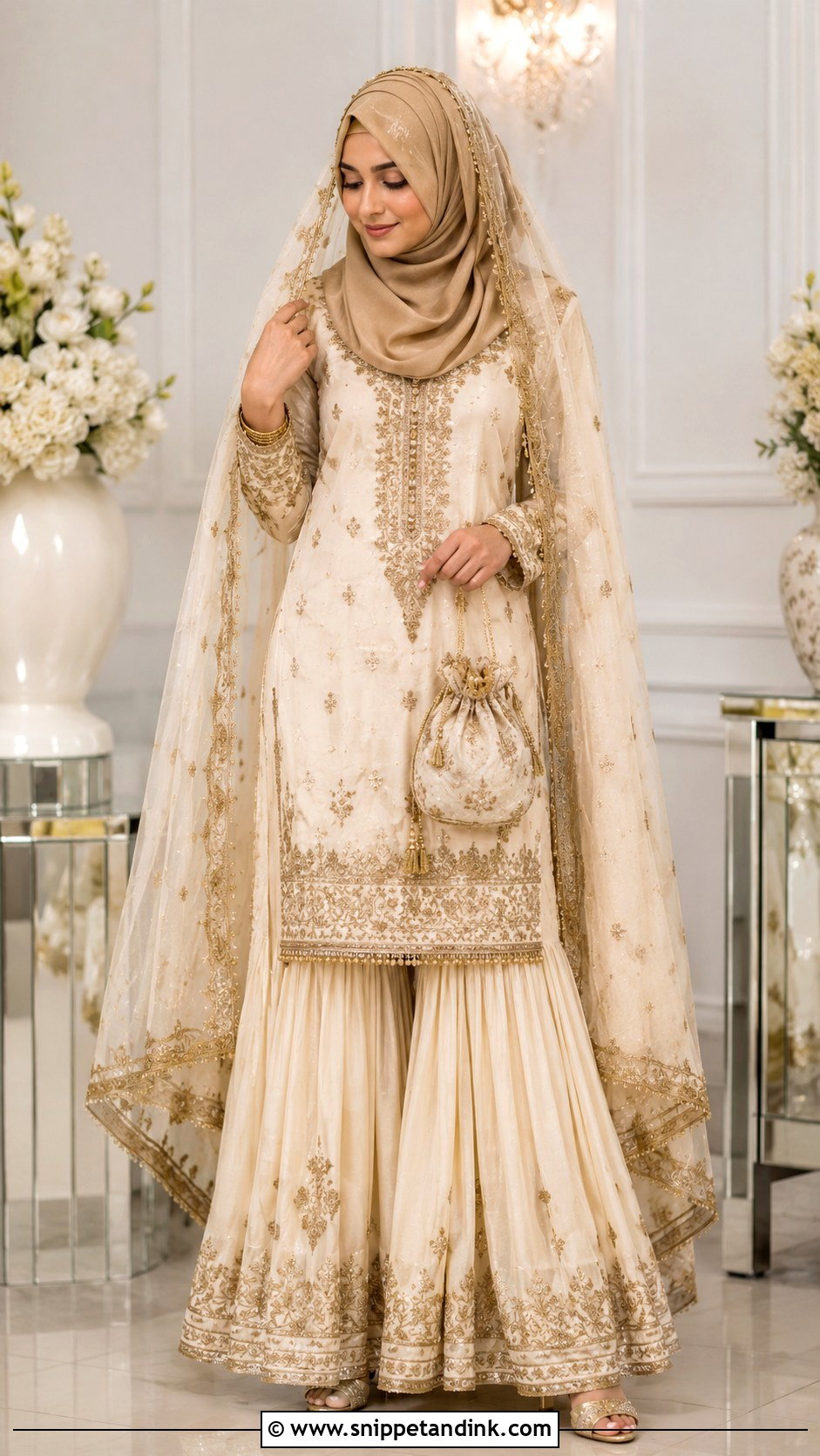 Gold Nikah Hijab With Cream Sharara - Snippet and Ink - 20 Nikah Hijab Style Ideas