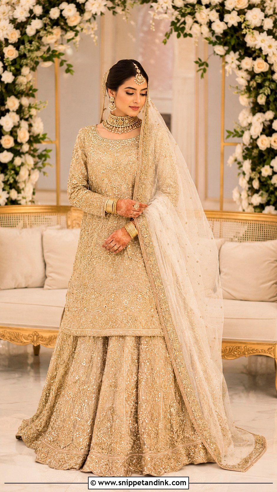 Gold Nikah Lehenga With Ivory Dupatta - Snippet and Ink - 25 Pakistani Nikah Bridal Wear Ideas
