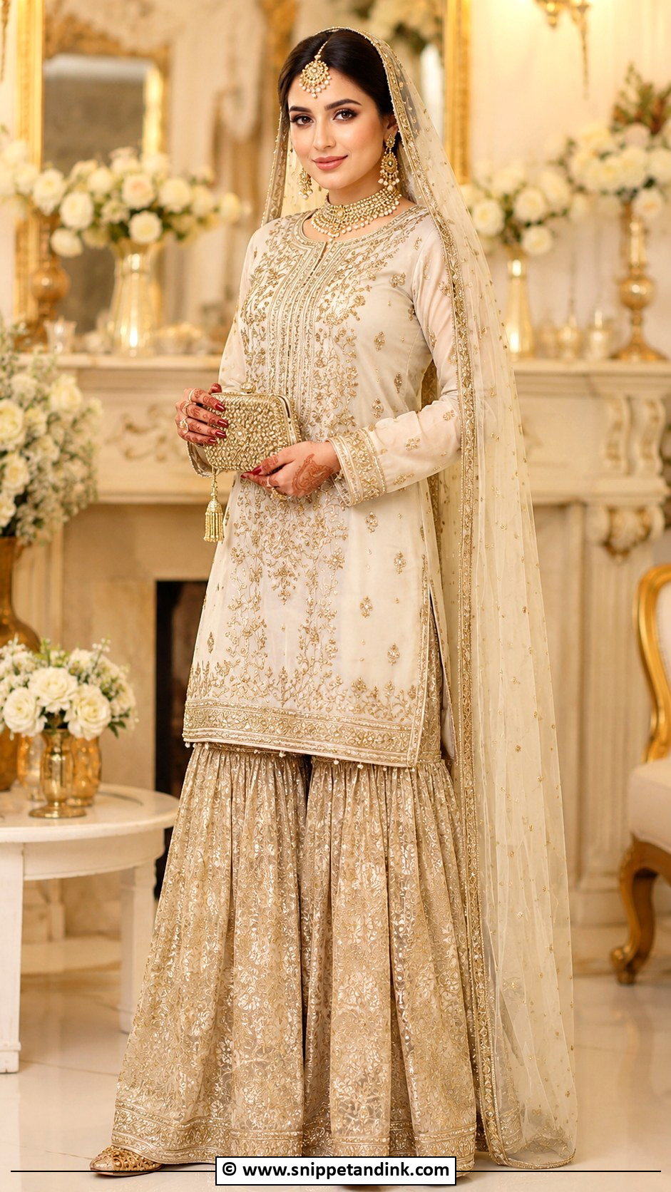Gold Nikkah Gharara With Ivory Kameez - Snippet and Ink - 30 Pakistani Nikkah Dress Ideas