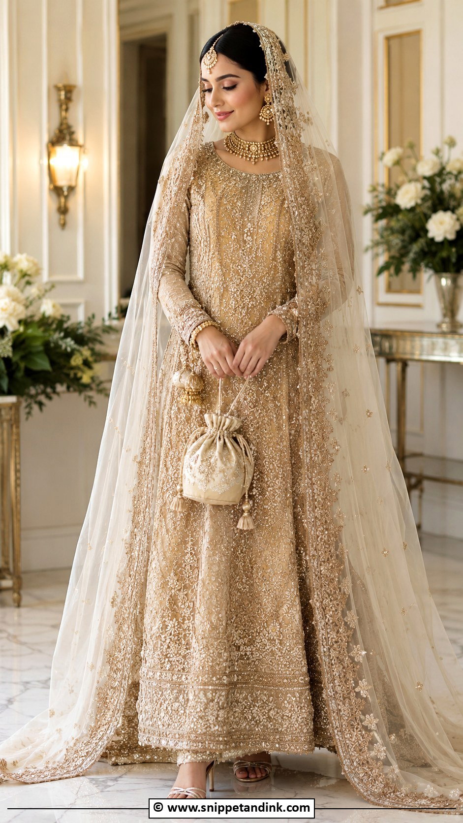Gold Nikkah Lehenga With Ivory Dupatta - Snippet and Ink - 30 Nikkah Look Ideas