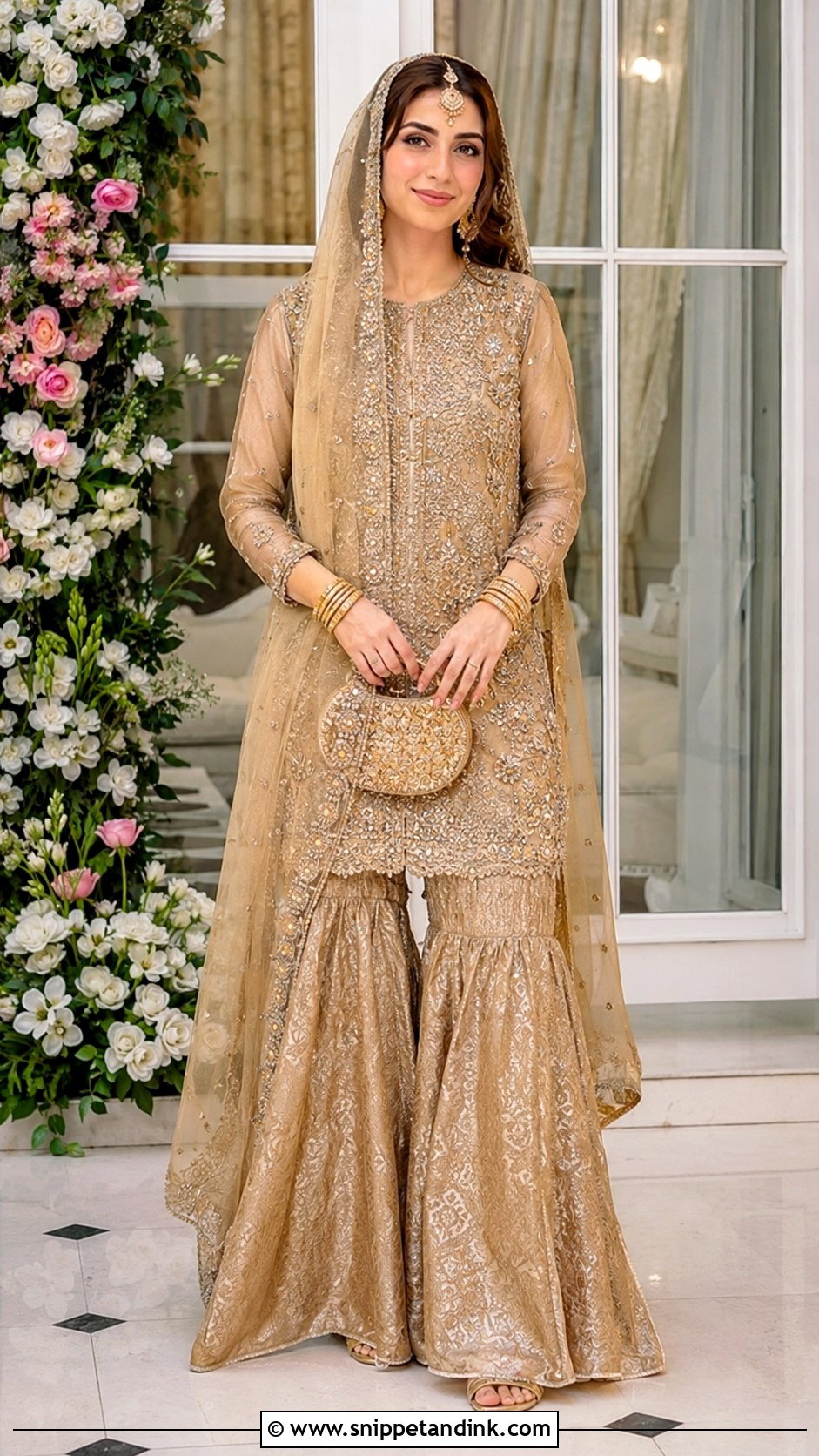 Gold Nikkah Sharara Outfit - Snippet and Ink - 30 Islamic Nikkah Outfit Ideas