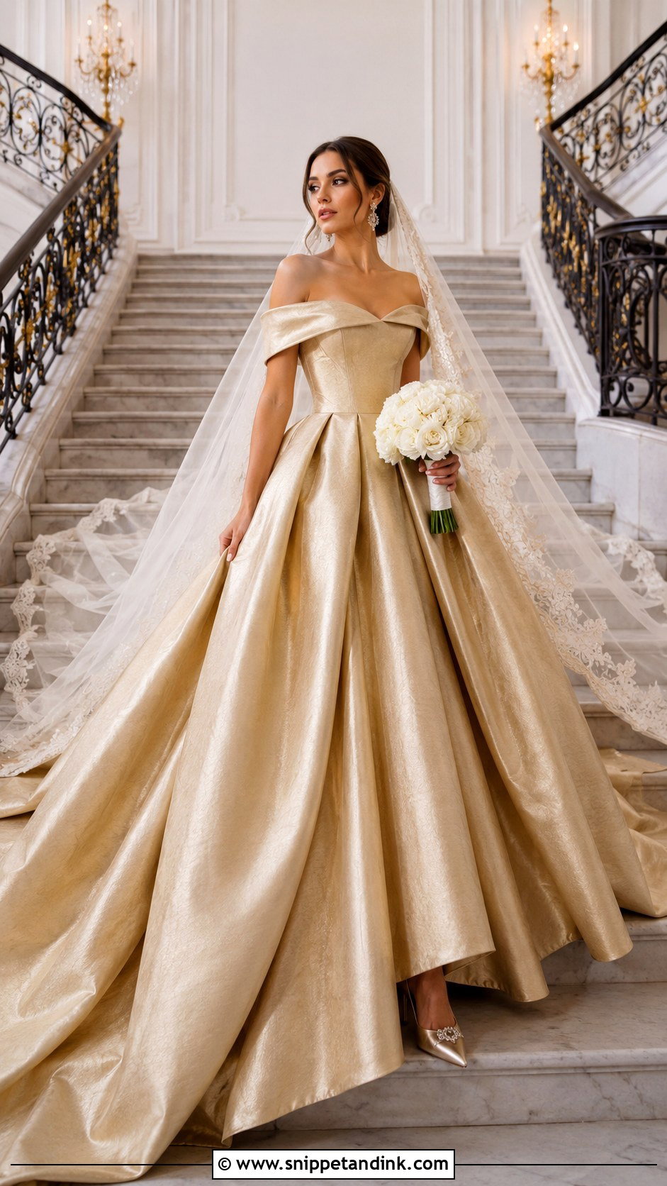 Gold Off Shoulder Ball Gown Wedding Dress - Snippet and Ink - 20 Long Classy Gold Wedding Dress Ideas