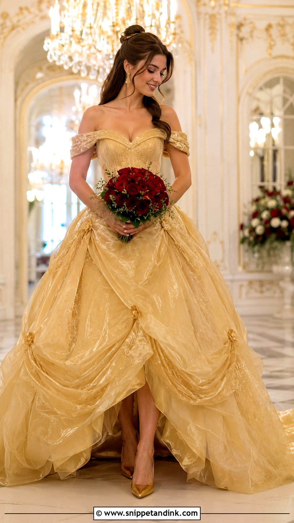 Gold Off Shoulder Ball Gown Wedding Dress - Snippet and Ink - 20 Belle Inspired Wedding Dress Ideas
