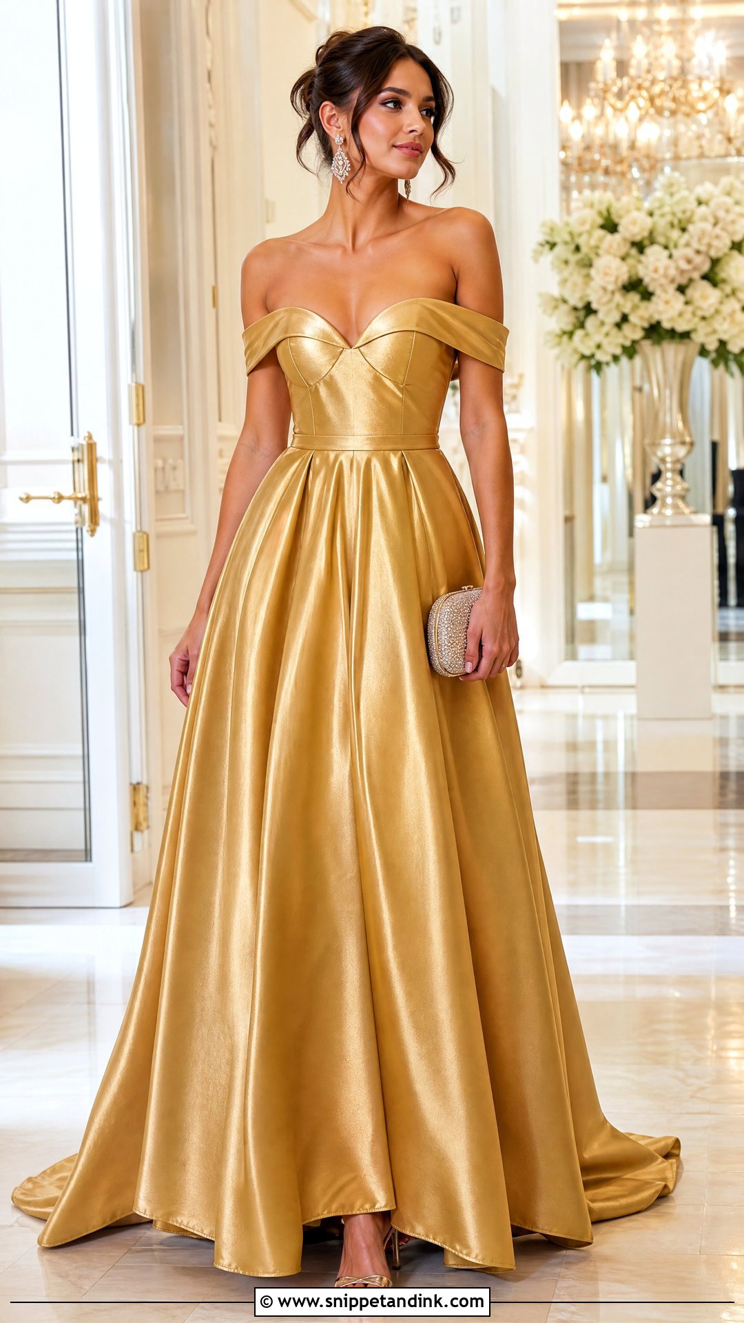 Gold Off Shoulder Ball Gown - Snippet and Ink - 25 Golden Ball Gown Ideas