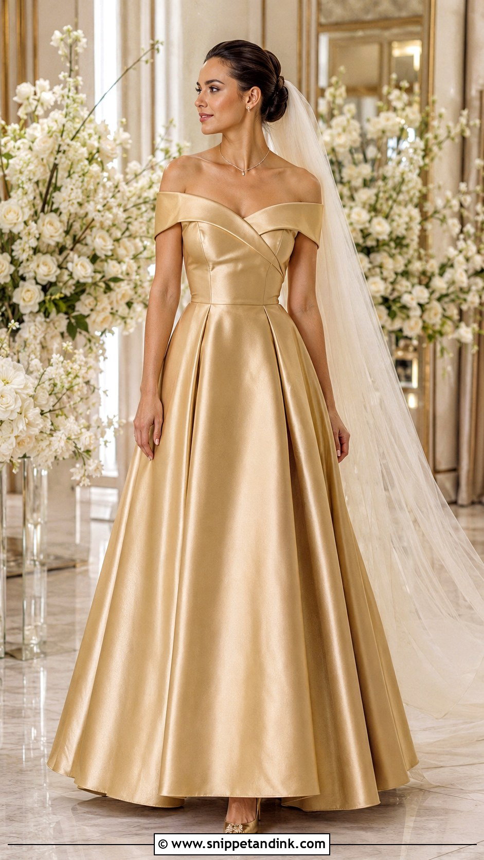 Gold Off Shoulder Bridal Dress - Snippet and Ink - 20 Gold Bridal Dress Ideas
