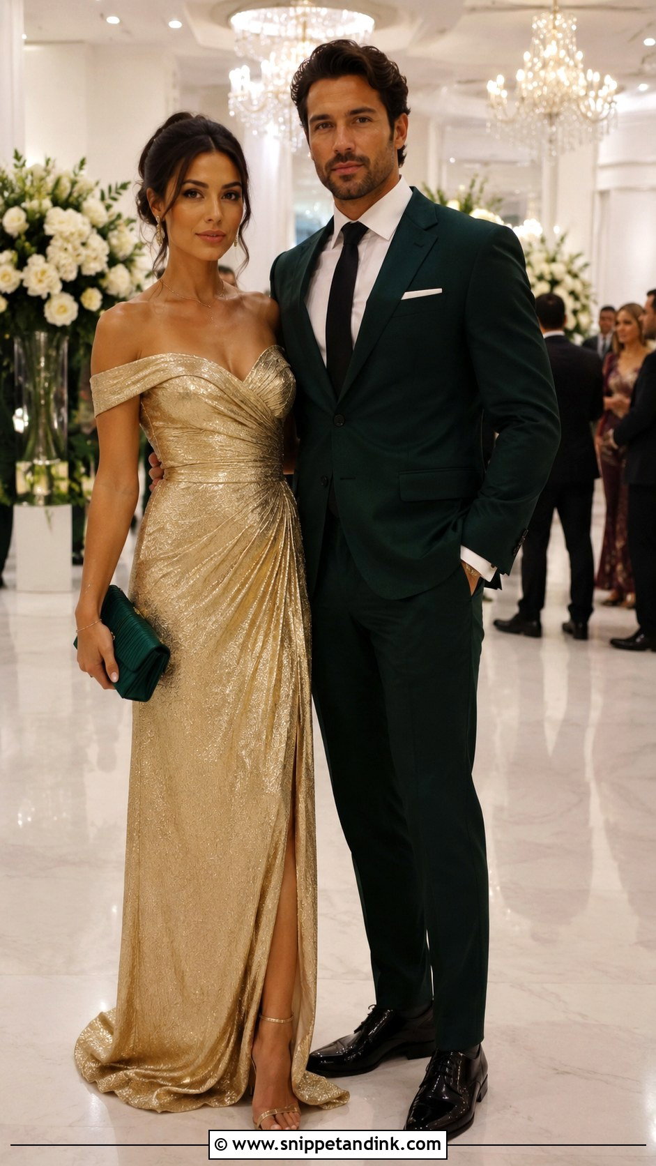 Gold Off Shoulder Dress And Emerald Suit - Snippet and Ink - 20 Gold Dress and Suit Couple Ideas