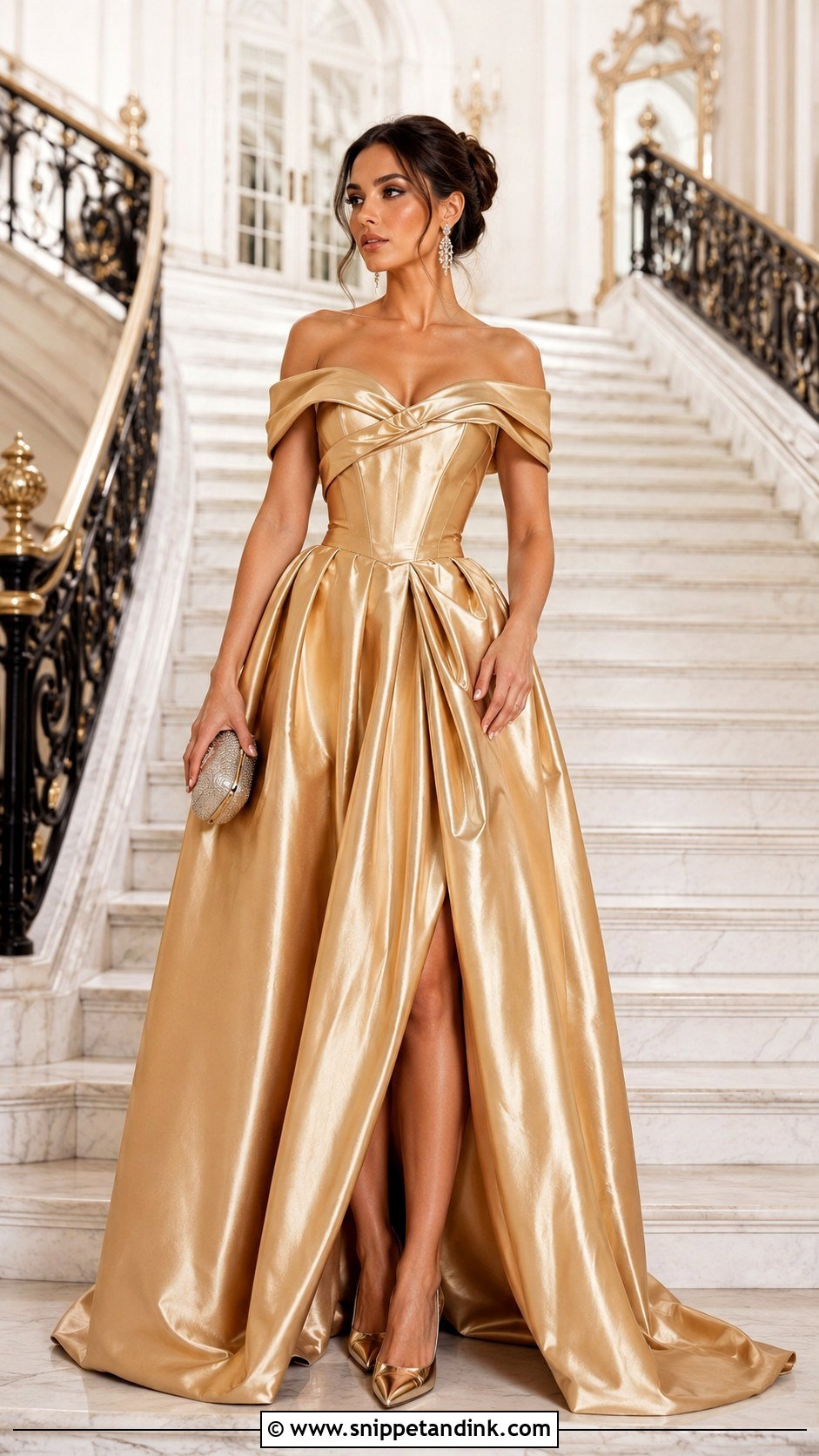 Gold Off Shoulder Princess Gown - Snippet and Ink - 20 Fairy Tale Gown Ideas