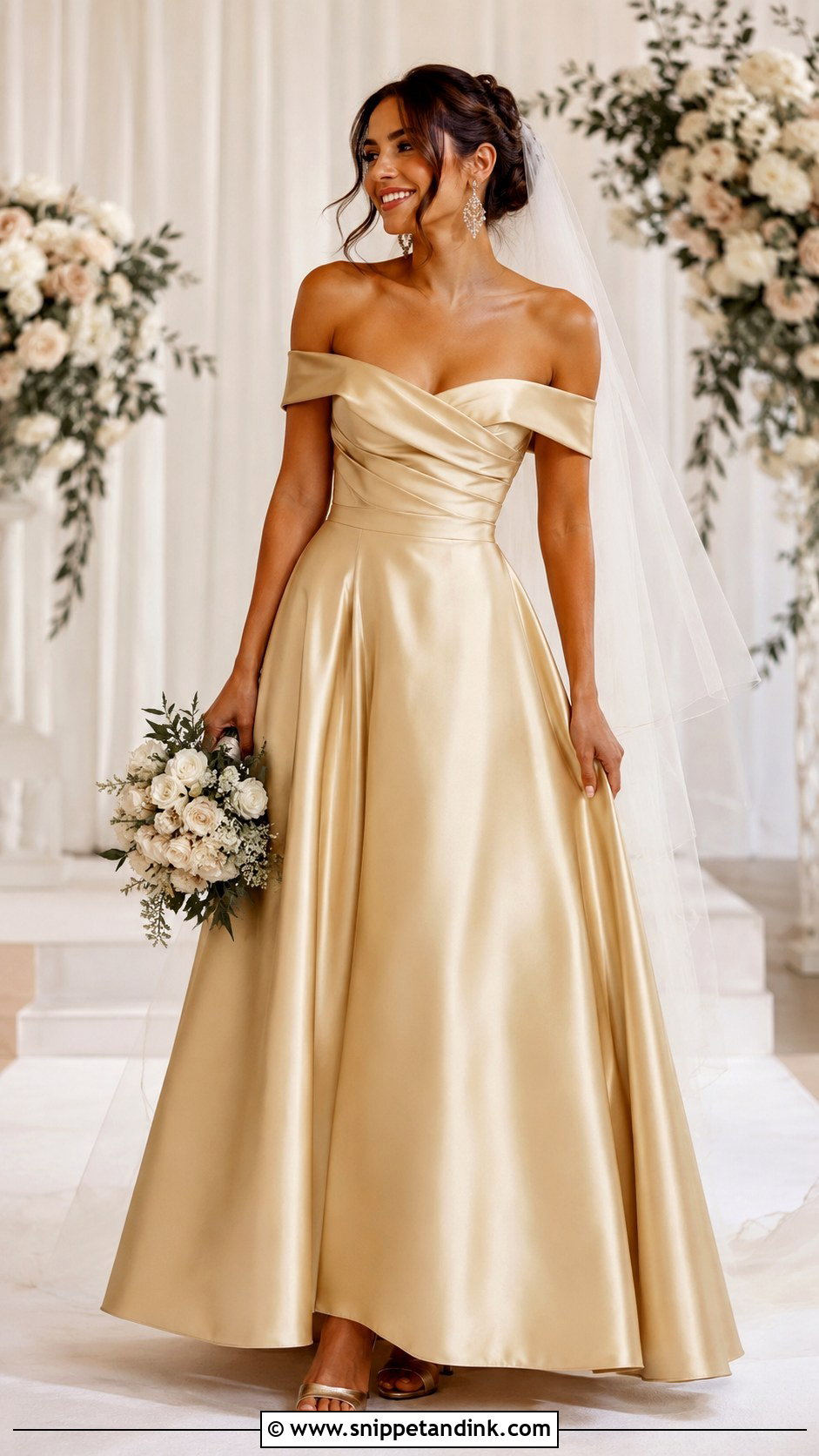 Gold Off Shoulder Wedding Dress - Snippet and Ink - 25 Golden Wedding Dress Ideas