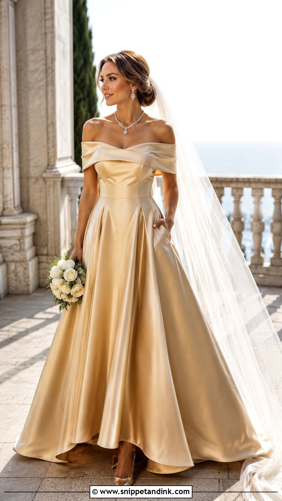Gold Off Shoulder Wedding Dress - Snippet and Ink - 20 Gold Wedding Dresses