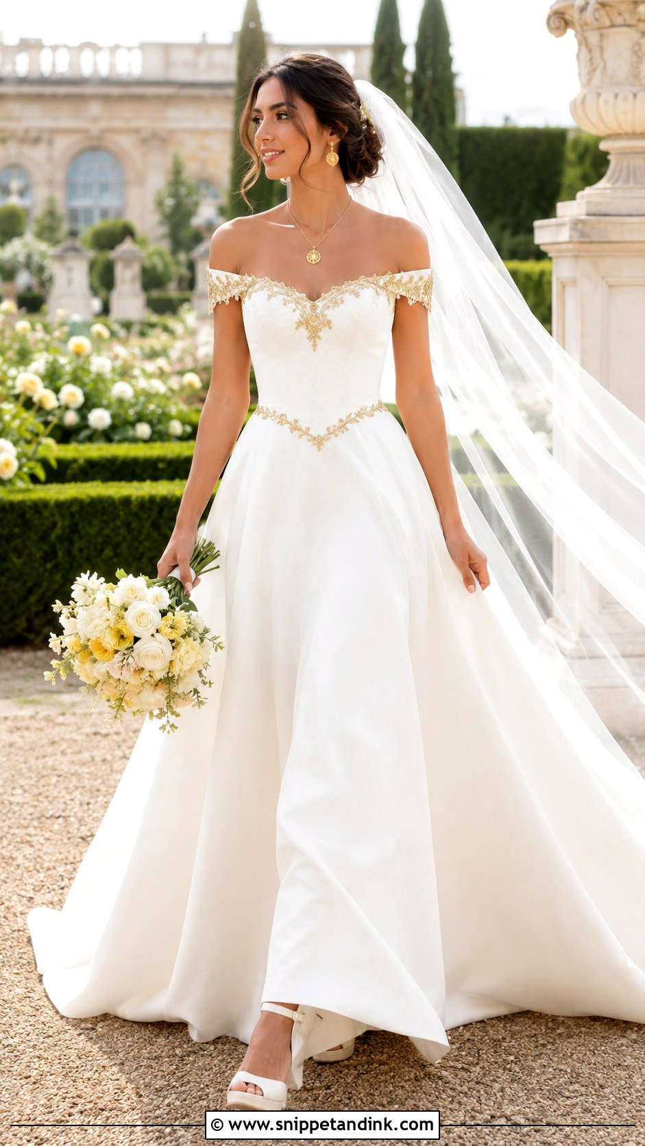 Gold Off Shoulder Wedding Dress - Snippet and Ink - 20 Wedding Dress with Gold Accents Ideas