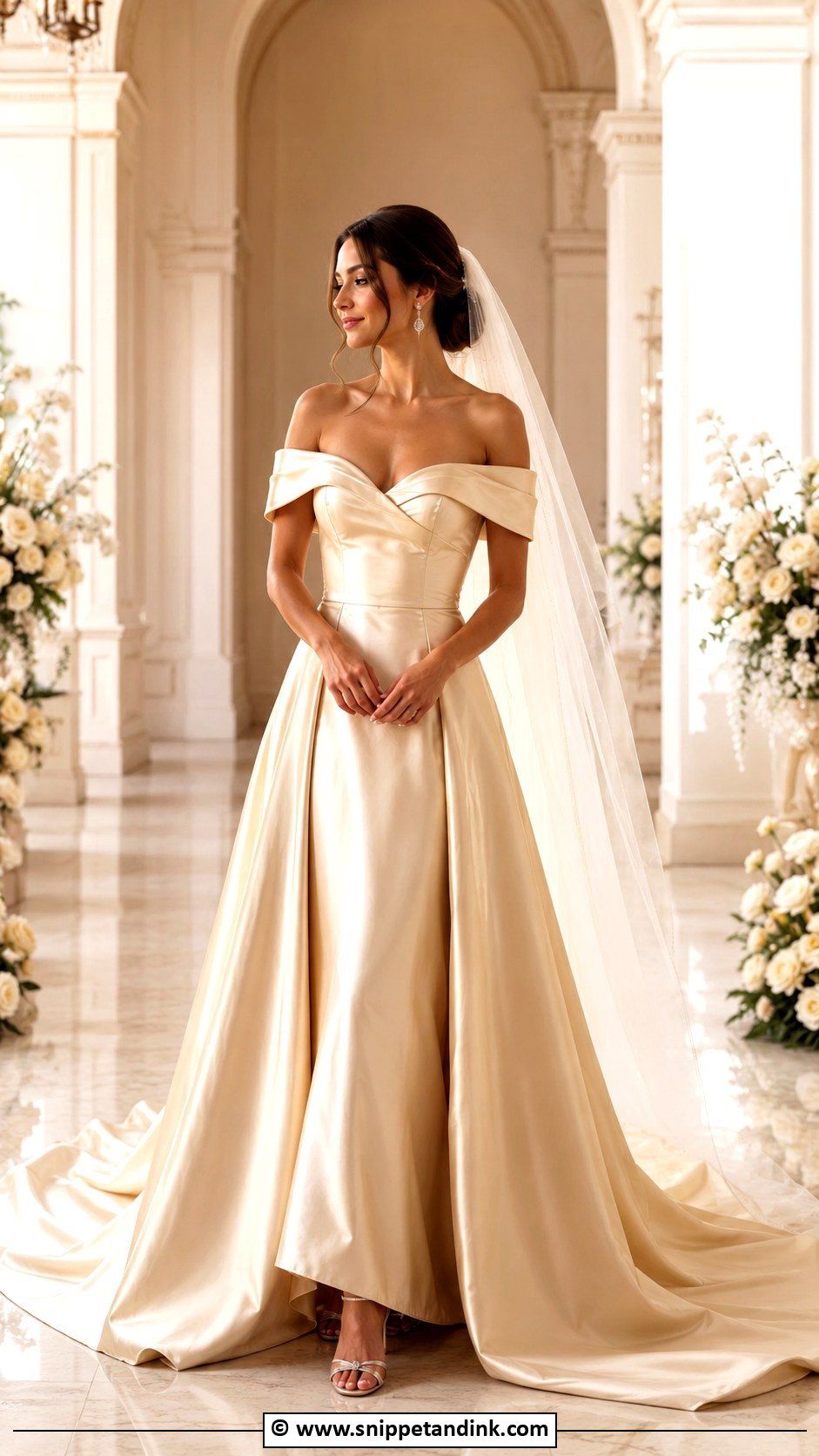 Gold Off Shoulder Wedding Dress - Snippet and Ink - 30 Gold Wedding Dress Ideas