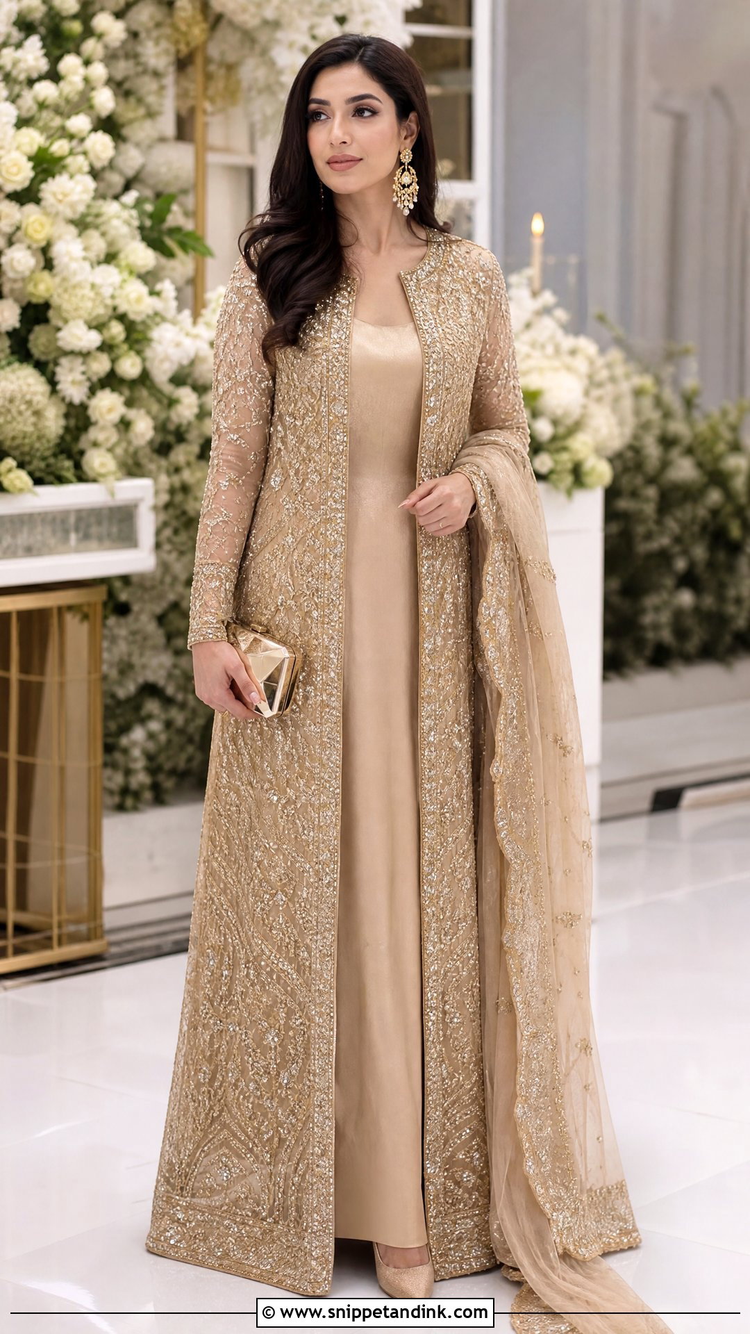Gold Pakistani Maxi With Long Jacket - Snippet and Ink - 20 Pakistani Maxi Designs for Wedding