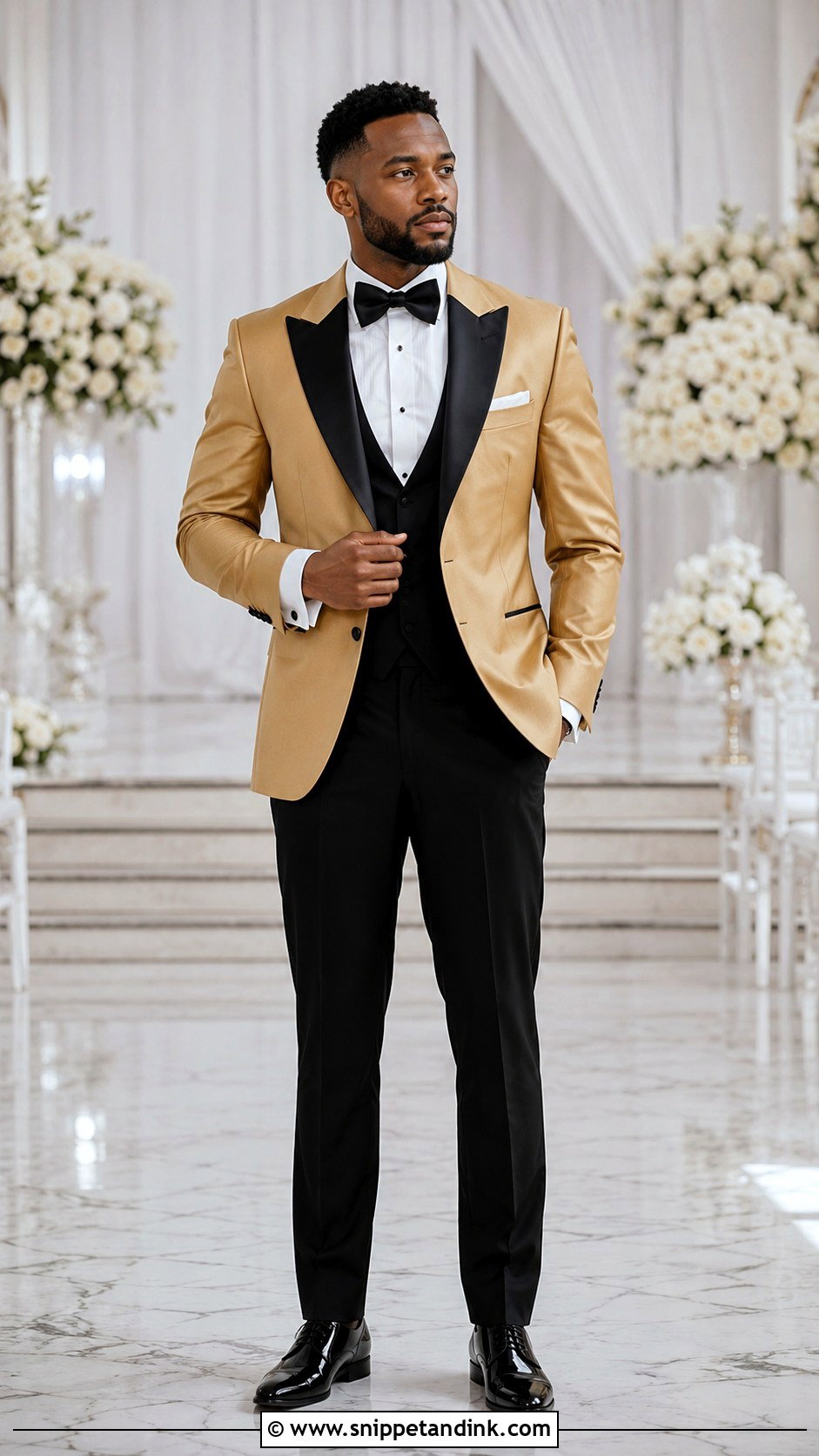 Gold Peak Lapel Tuxedo - Snippet and Ink - 20 Gold Tuxedo Wedding Ideas