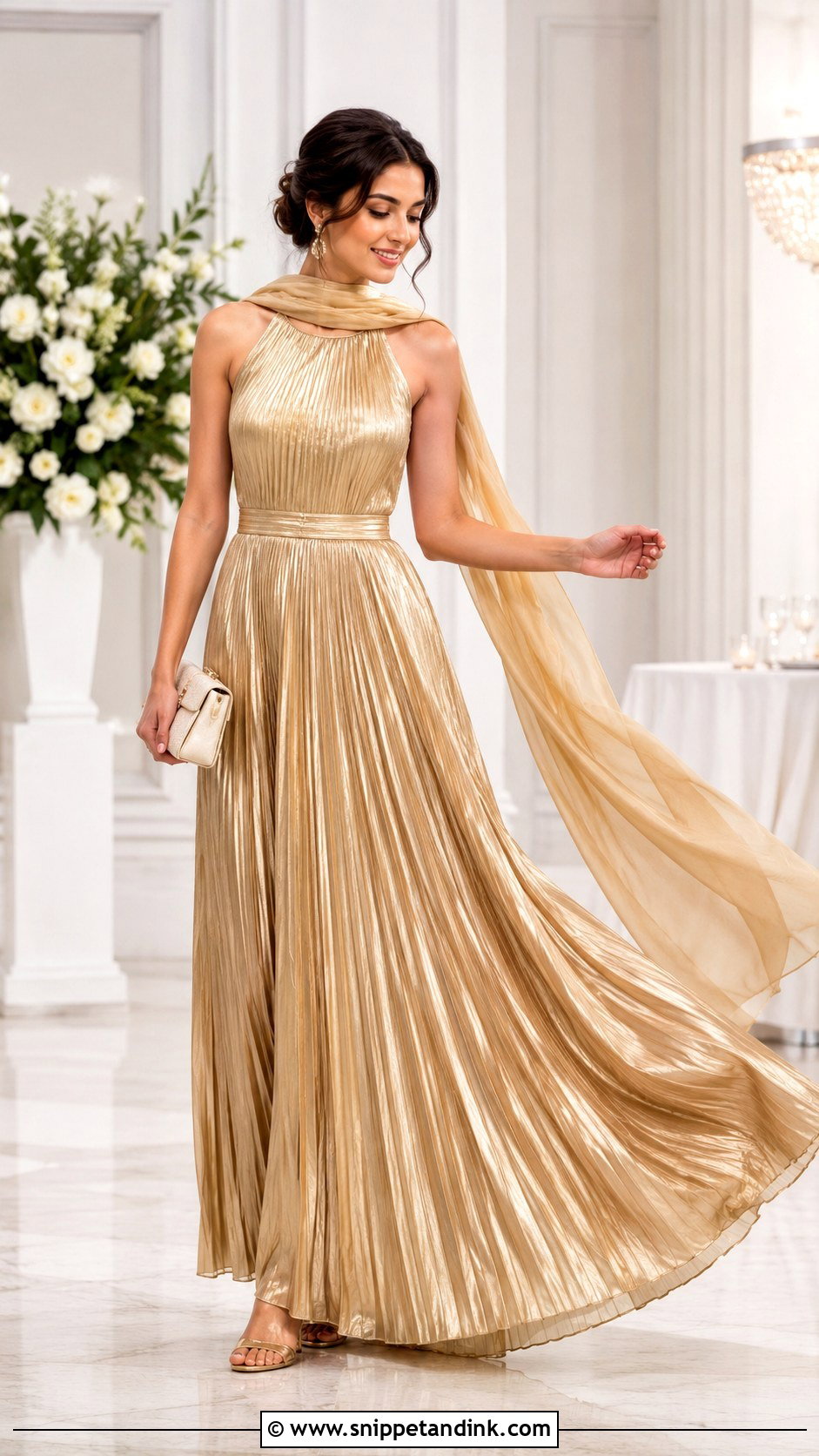 Gold Pleated Gown With Neck Scarf - Snippet and Ink - 20 Gown with Neck Scarf Ideas