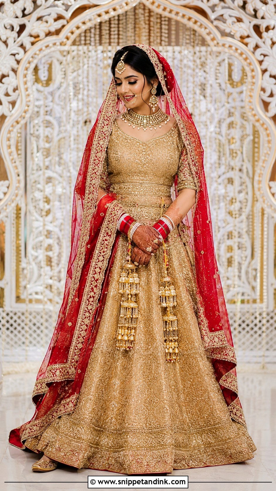 Gold Punjabi Wedding Lengha With Red Dupatta - Snippet and Ink - 25 Punjabi Wedding Lengha Ideas
