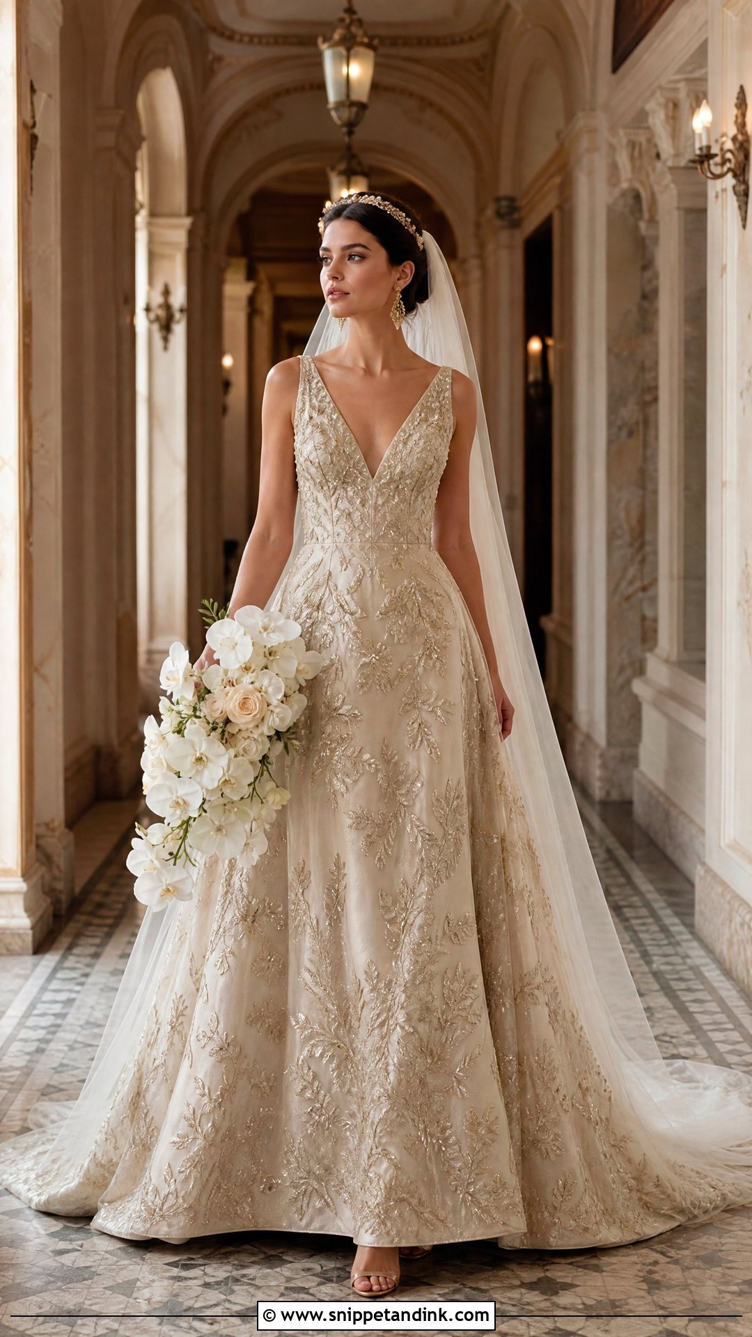 Gold Reign Wedding Dress With Cathedral Veil - Snippet and Ink - 20 Reign Wedding Dress Ideas