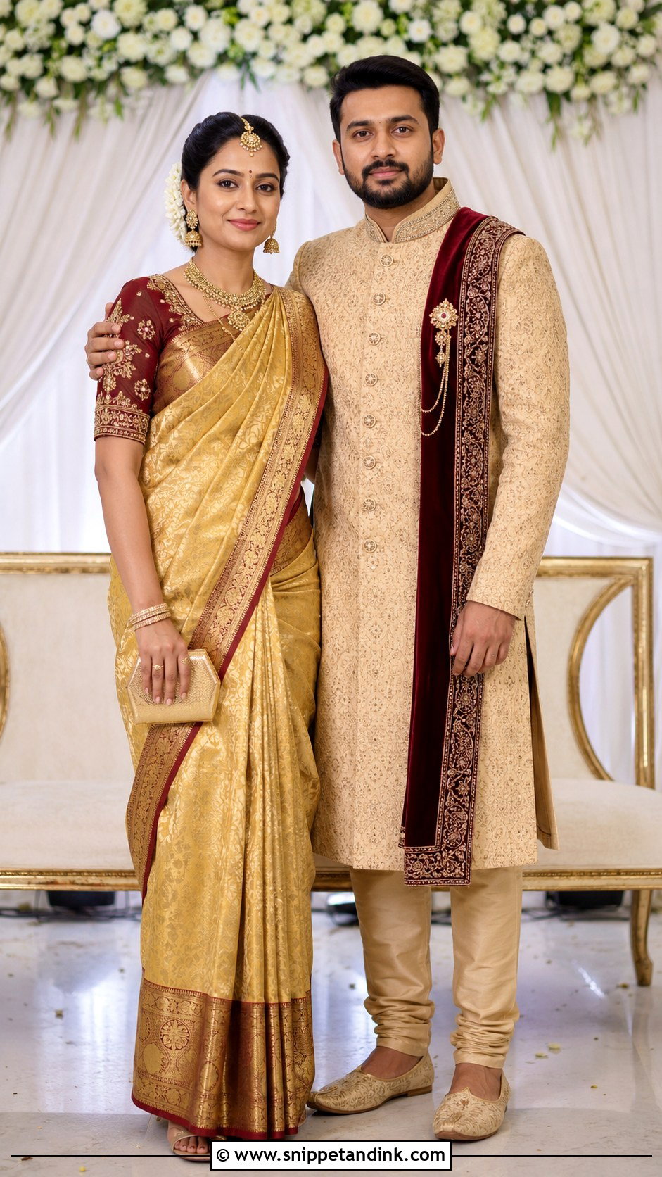 Gold Saree And Beige Sherwani Indian Wedding Outfit - Snippet and Ink - 20 Indian Wedding Matching Outfits