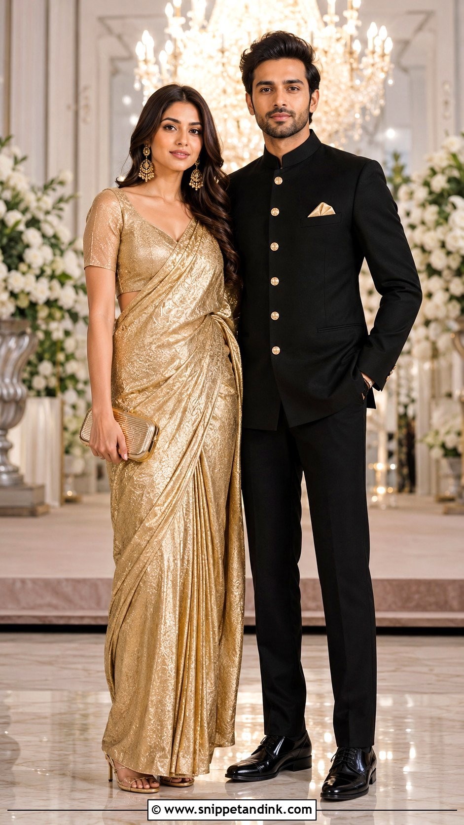 Gold Saree And Black Bandhgala Reception Outfit - Snippet and Ink - 20 Indian Couple Wedding Outfit Ideas