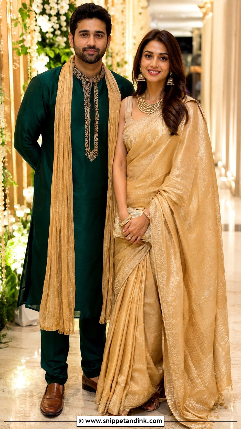 Gold Saree And Deep Green Kurta Wedding Outfit - Snippet and Ink - 25 Couple Contrast Outfits for Wedding