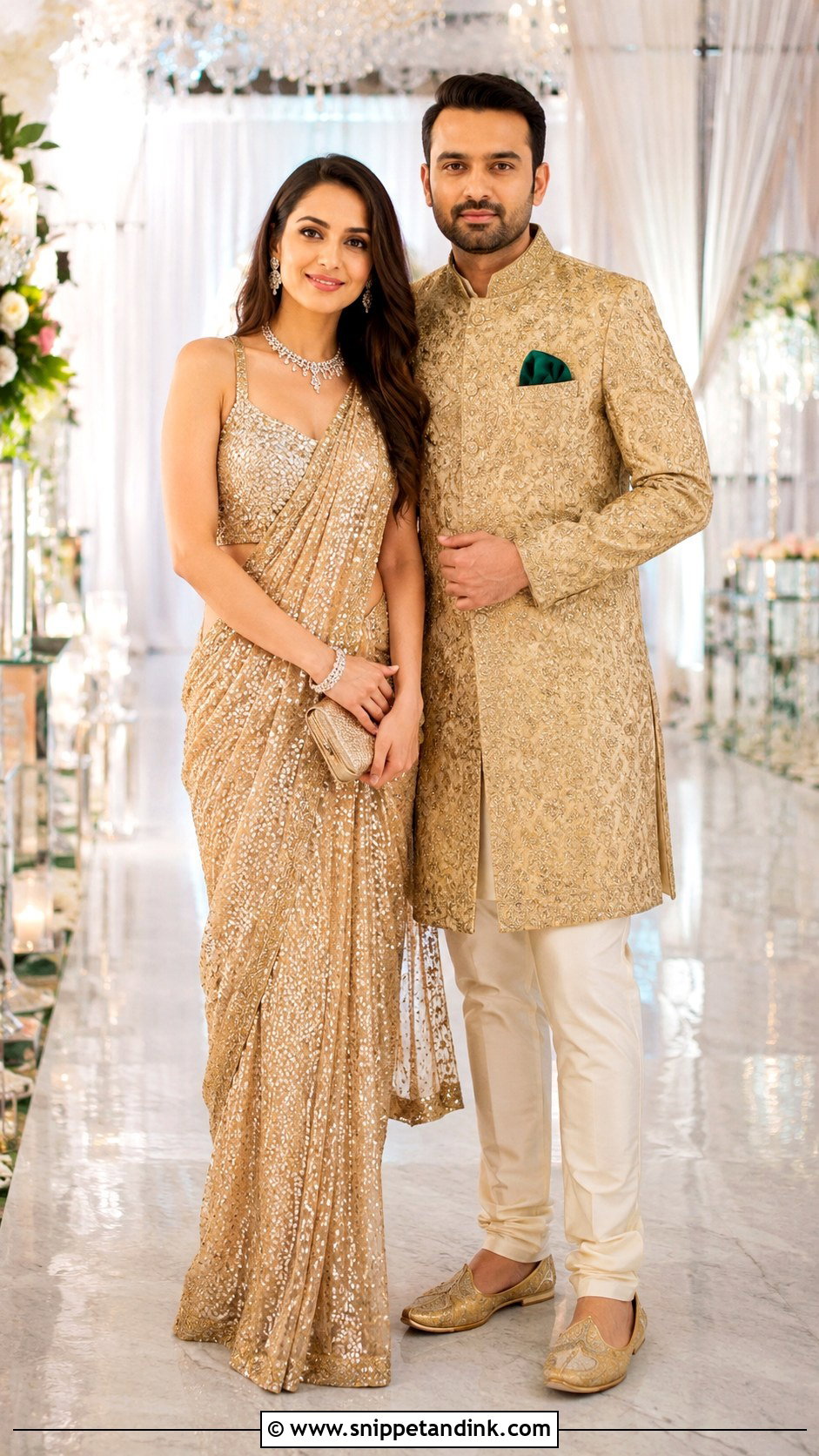 Gold Saree And Gold Sherwani Reception Couple Outfit - Snippet and Ink - 20 Desi Couple Outfits