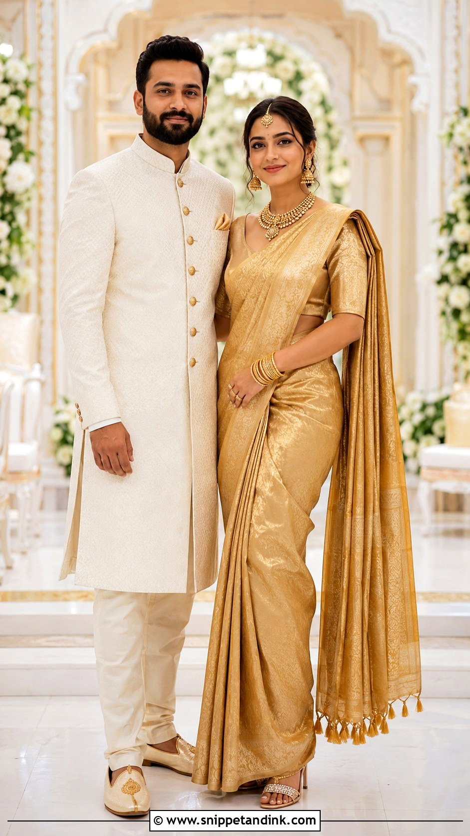Gold Saree And Ivory Bandhgala Couple Wedding Outfit - Snippet and Ink - 20 Couple Matching Wedding Outfits