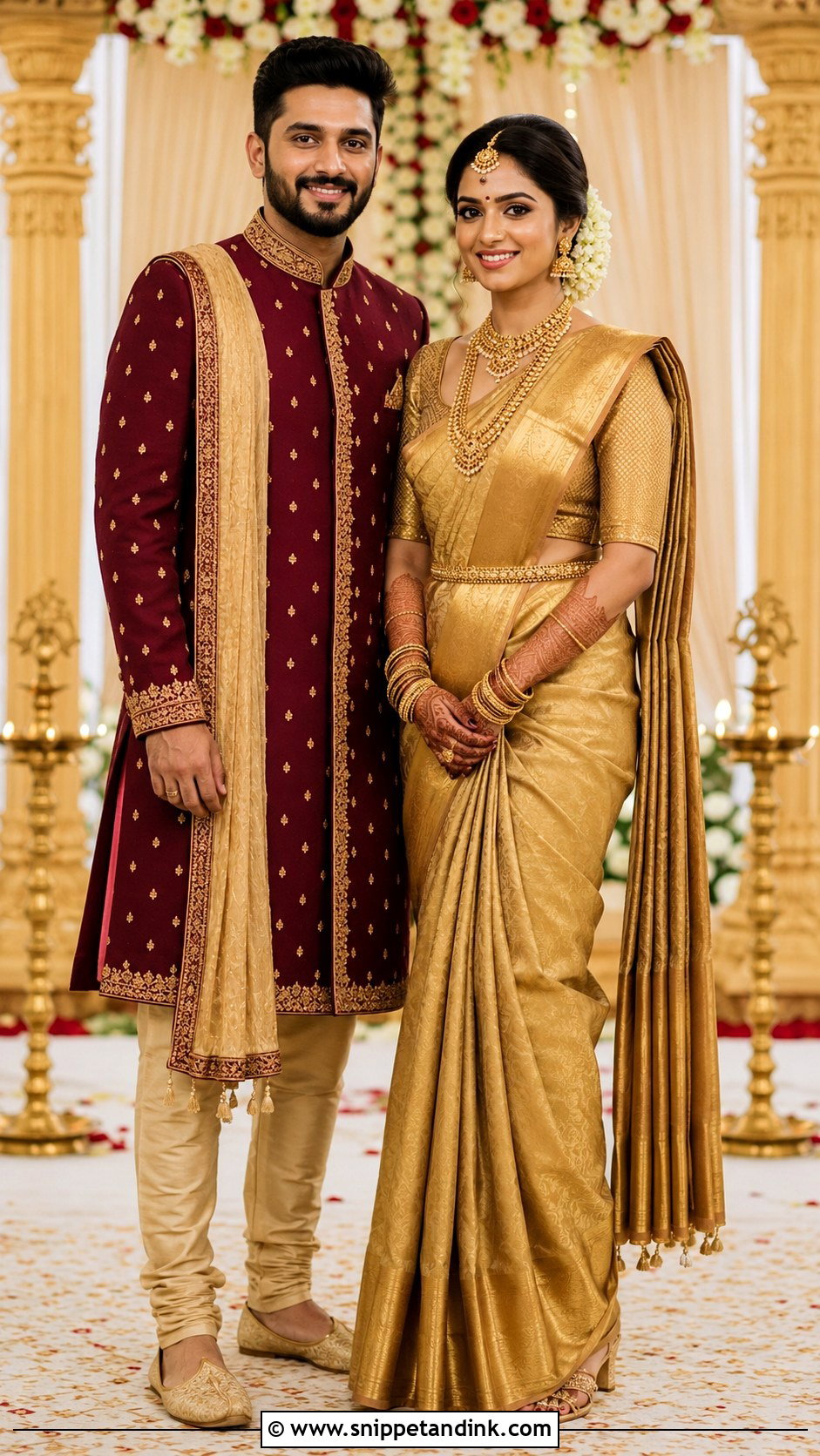 Gold Saree And Maroon Sherwani Wedding Couple Dress Combination - Snippet and Ink - 25 Wedding Couple Dress Combination Ideas