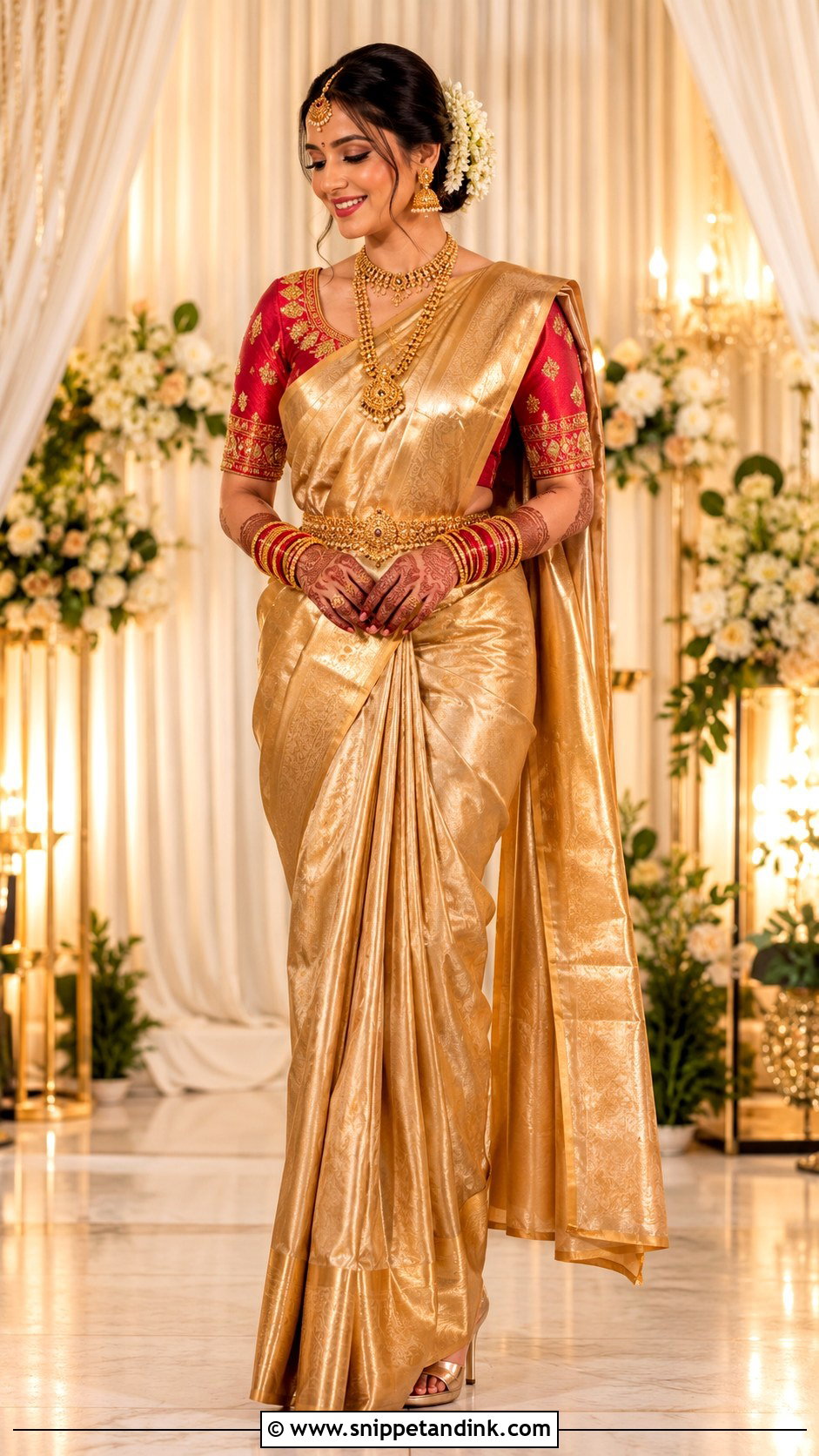 Gold Saree Bangle Ceremony Outfit - Snippet and Ink - 25 Bangle Ceremony Outfit for Bride Ideas