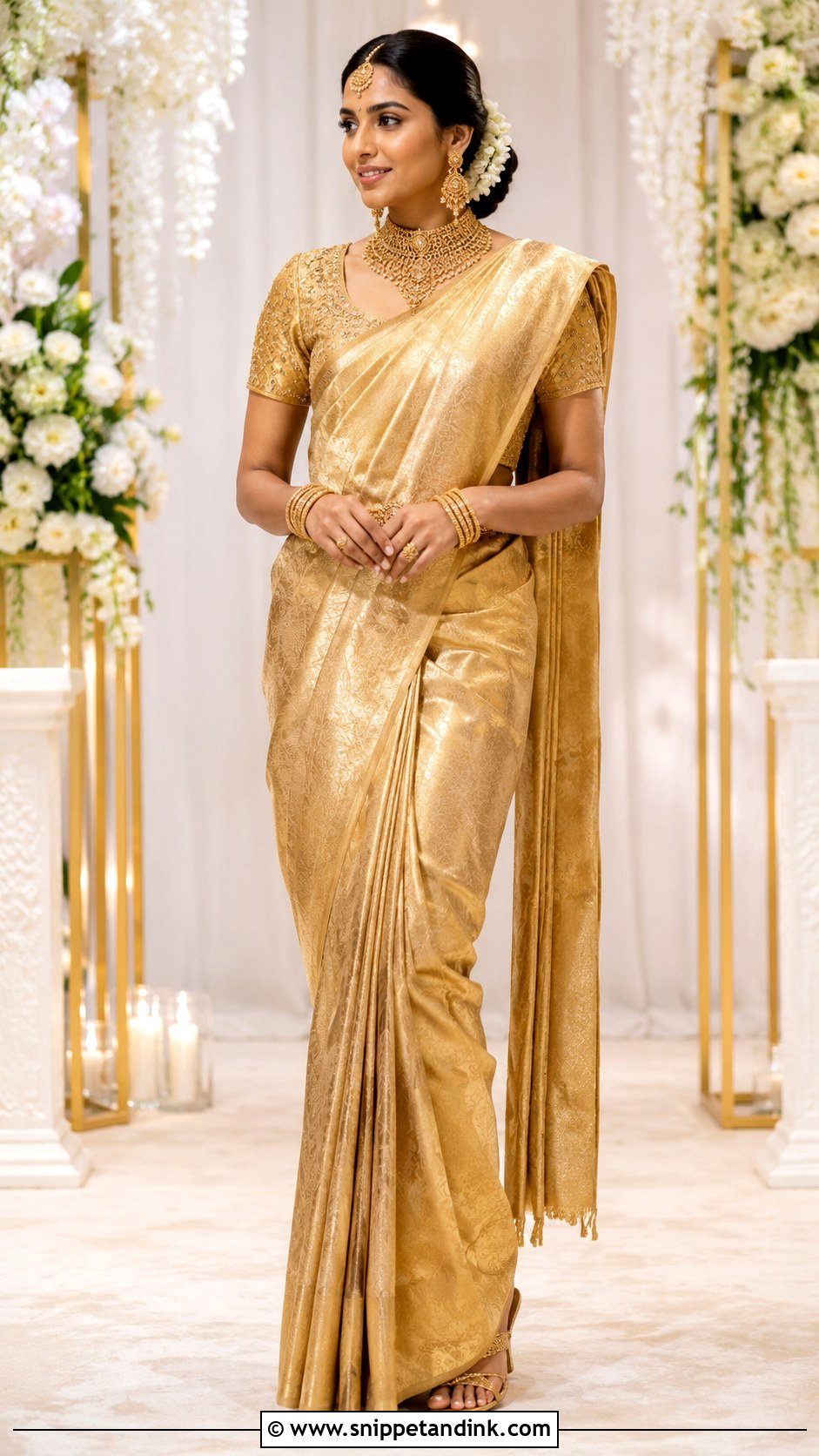 Gold Saree Bridal Look - Snippet and Ink - 20 Gold Bridal Dress Ideas
