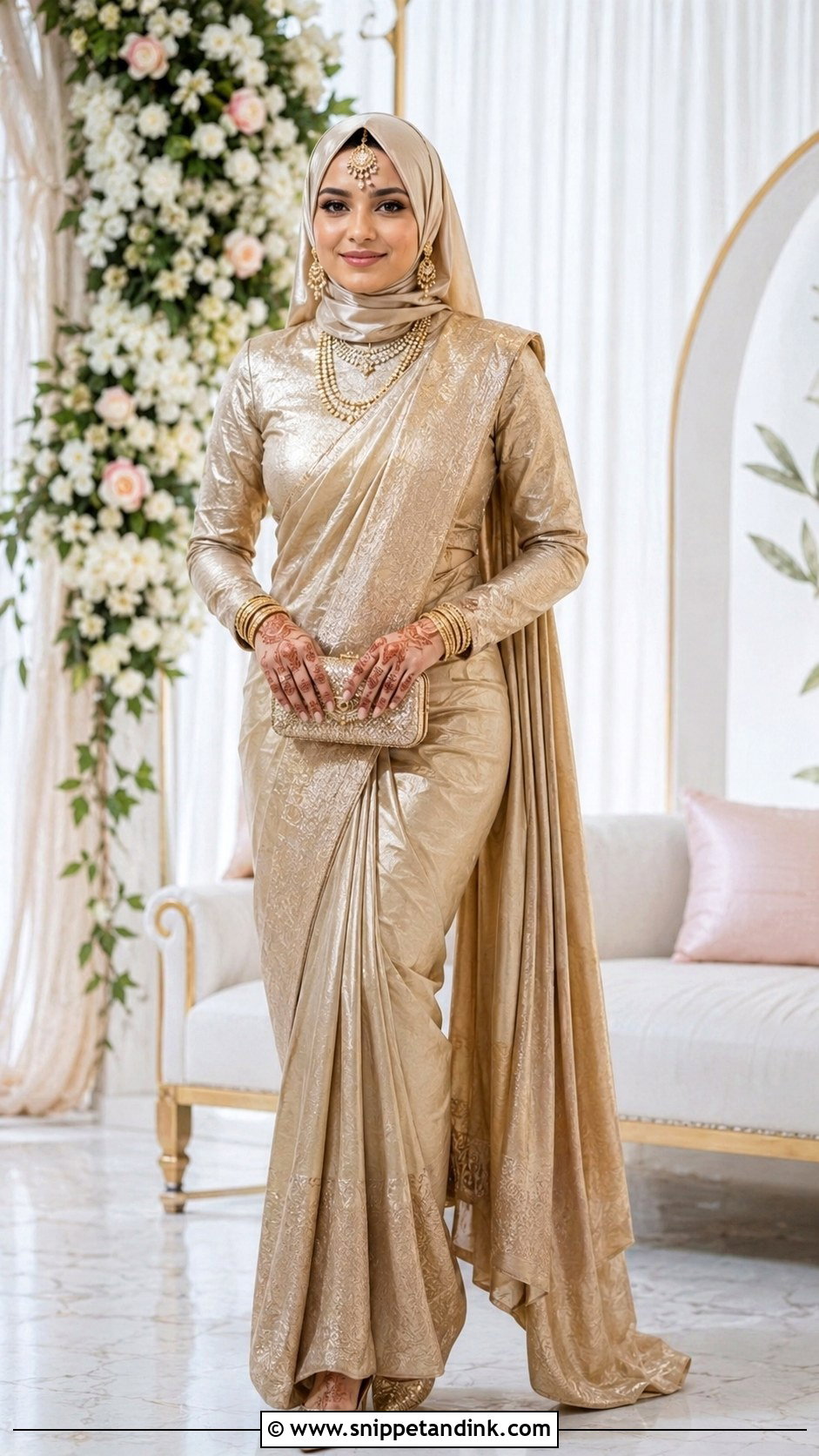 Gold Saree Hijab Dulhan Look - Snippet and Ink - 20 Hijab Dulhan Ideas