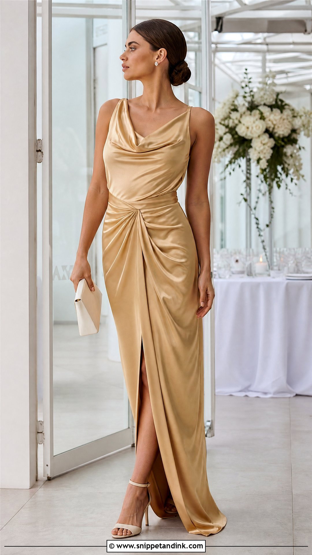 Gold Satin Ruched Gown - Snippet and Ink - 20 Ruched Gown Ideas