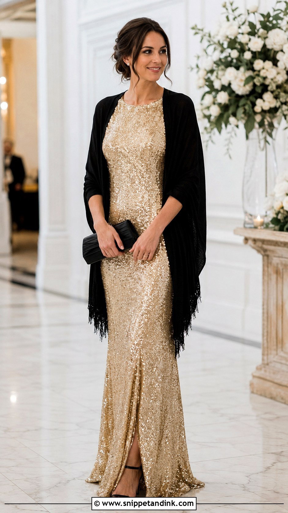 Gold Sequin Gown With Black Accessories - Snippet and Ink - 20 Gold Dress for Wedding Ideas