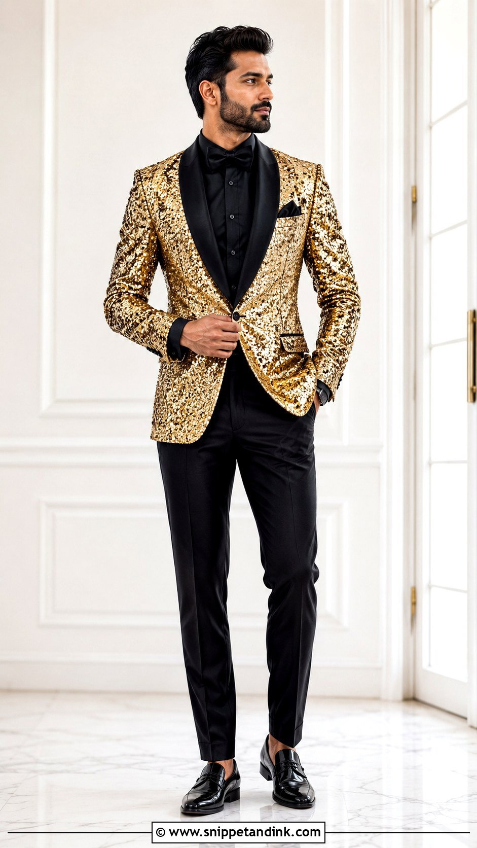 Gold Sequin Tuxedo With Black Trousers - Snippet and Ink - 20 Gold Tuxedo Wedding Ideas