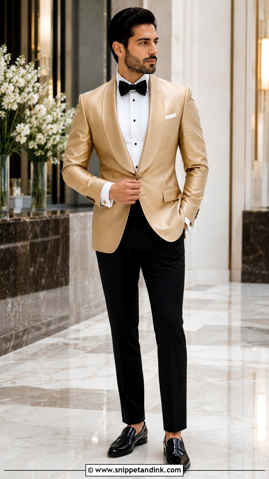 Gold Shawl Lapel Tuxedo - Snippet and Ink - 20 Gold Tuxedo Wedding Ideas