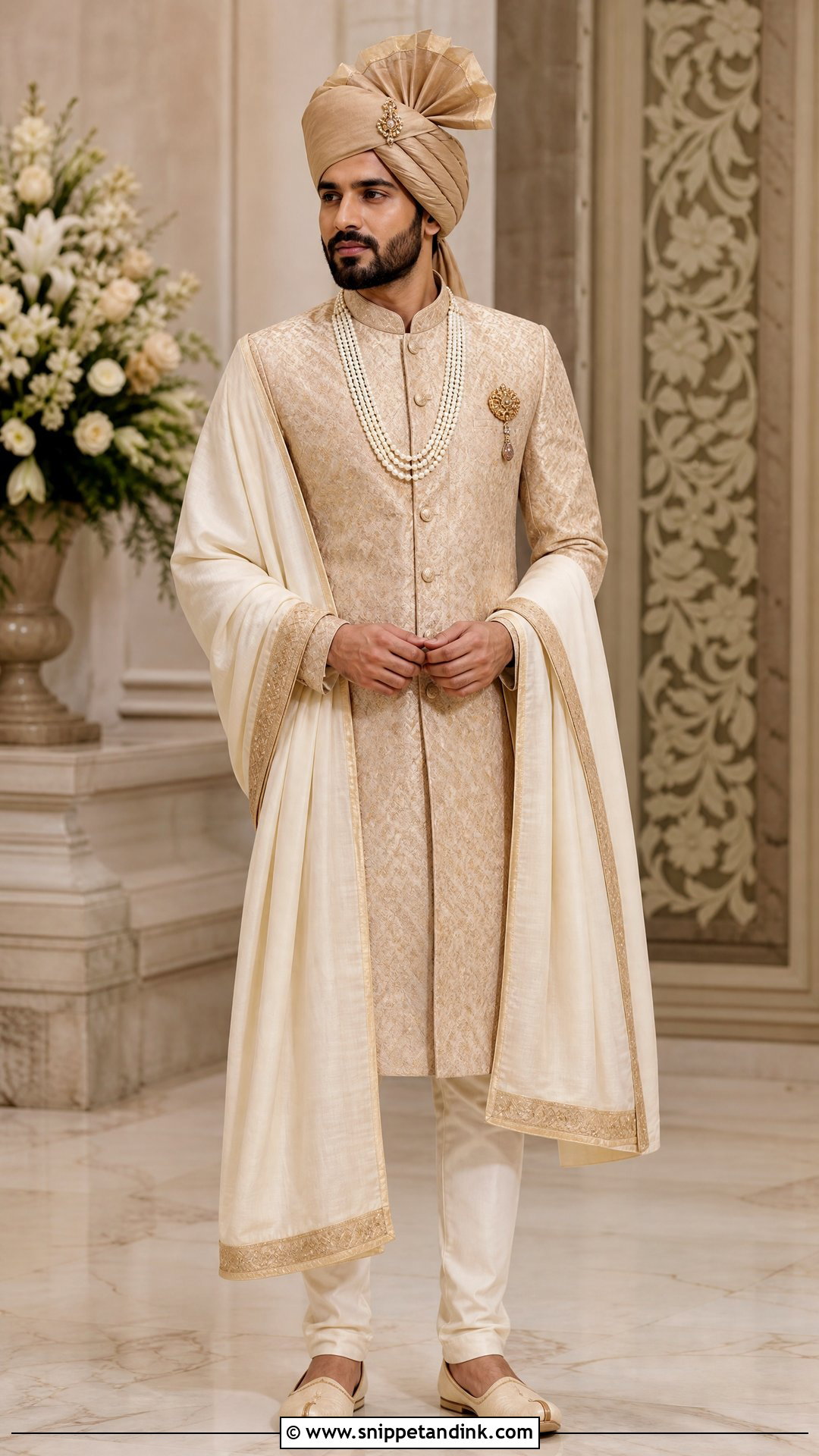 Gold Sherwani And Ivory Trousers Outfit - Snippet and Ink - 20 Virat Kohli Wedding Dress Ideas