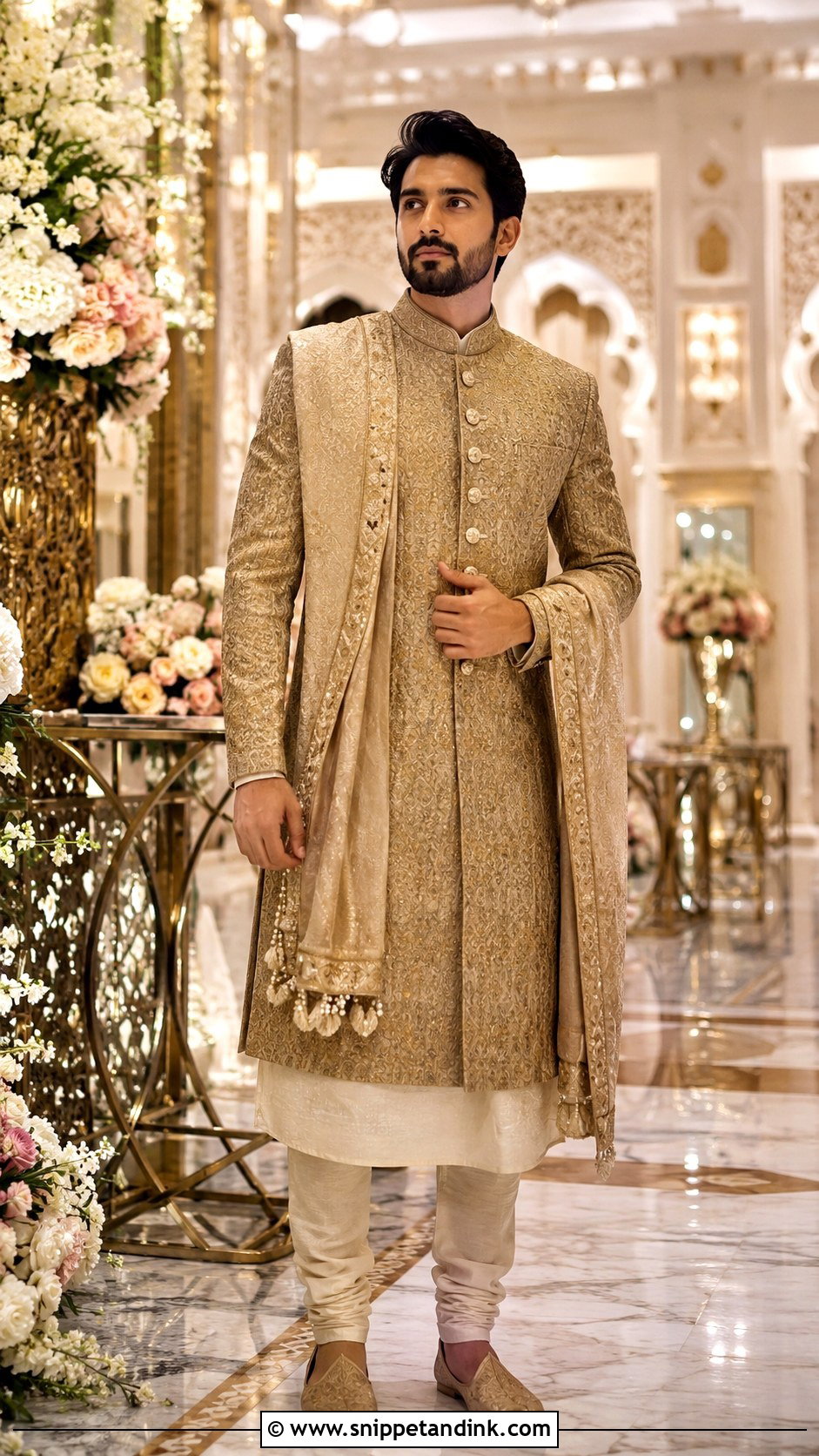 Gold Sherwani Wedding Outfit - Snippet and Ink - 25 Ranbir Kapoor Wedding Outfit Ideas