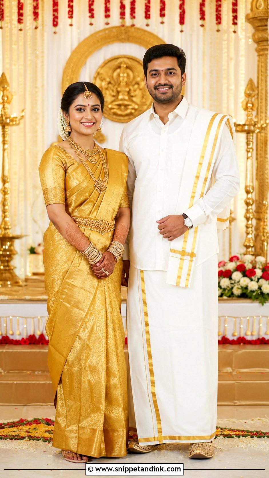 Gold Silk Saree And White Veshti - Snippet and Ink - 20 Couple Matching Outfits Indian Wedding