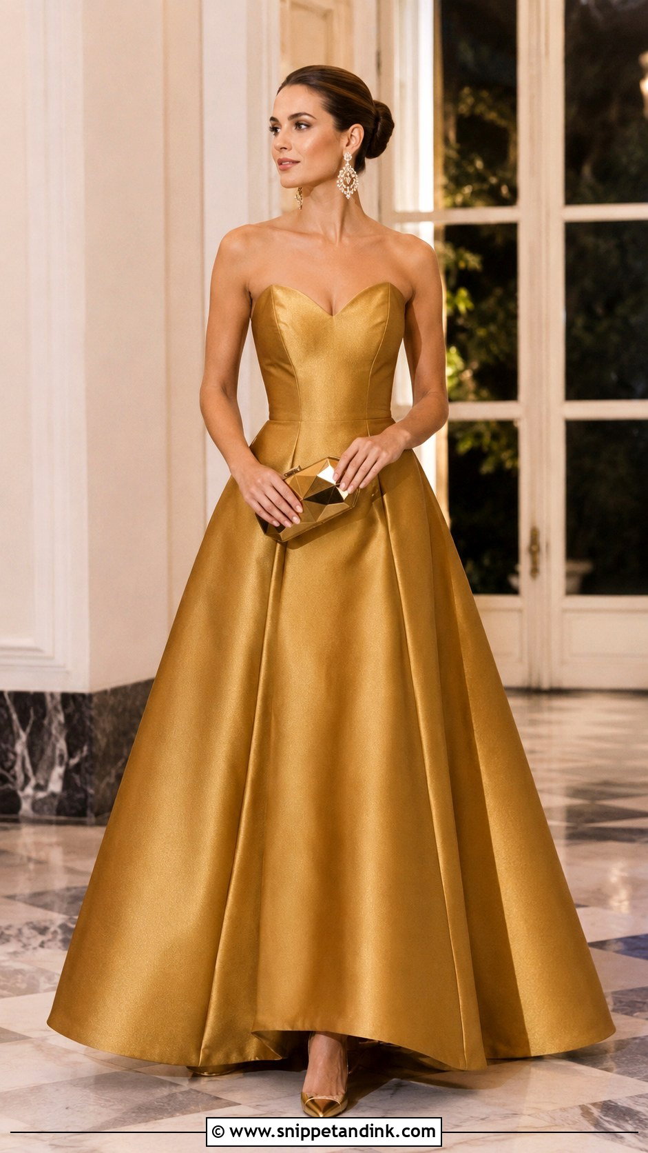 Gold Strapless Ball Gown Outfit - Snippet and Ink - 20 Gold Strapless Dress Ideas