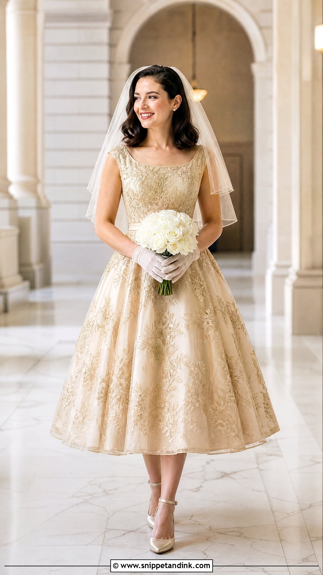 Gold Tea Length Wedding Gown - Snippet and Ink - 25 Gold Wedding Gowns