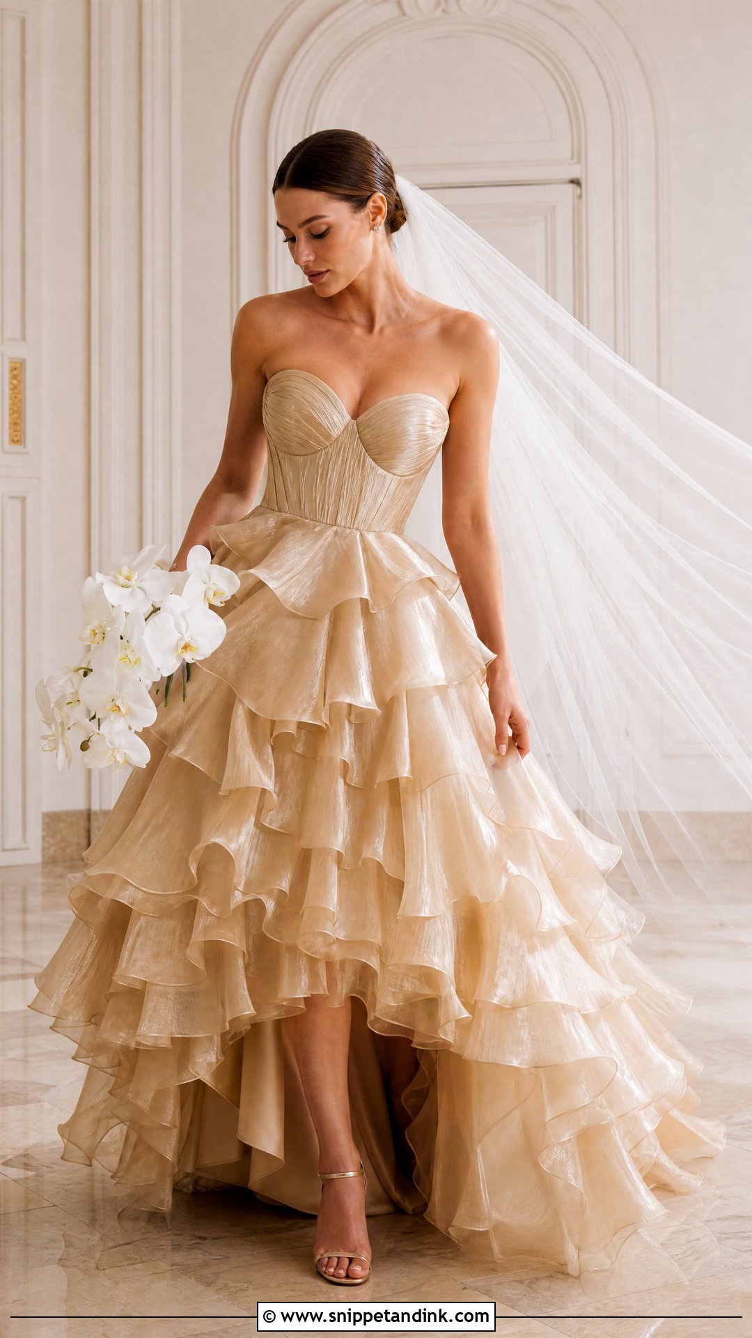 Gold Tiered Ruffle Wedding Gown - Snippet and Ink - 25 Gold Wedding Gowns
