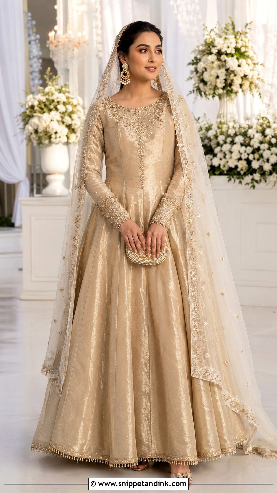 Gold Tissue Pishwas Nikah Dress - Snippet and Ink - 20 Nikah Dress for Bride Ideas