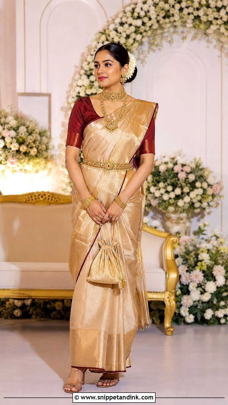 Gold Tissue Saree Brahmin Bridal Look - Snippet and Ink - 20 Brahmin Wedding Brides Ideas