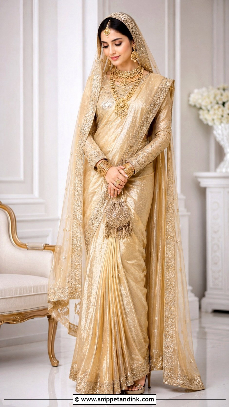 Gold Tissue Saree Bridal Look - Snippet and Ink - 30 Indian Muslim Bridal Dress Ideas